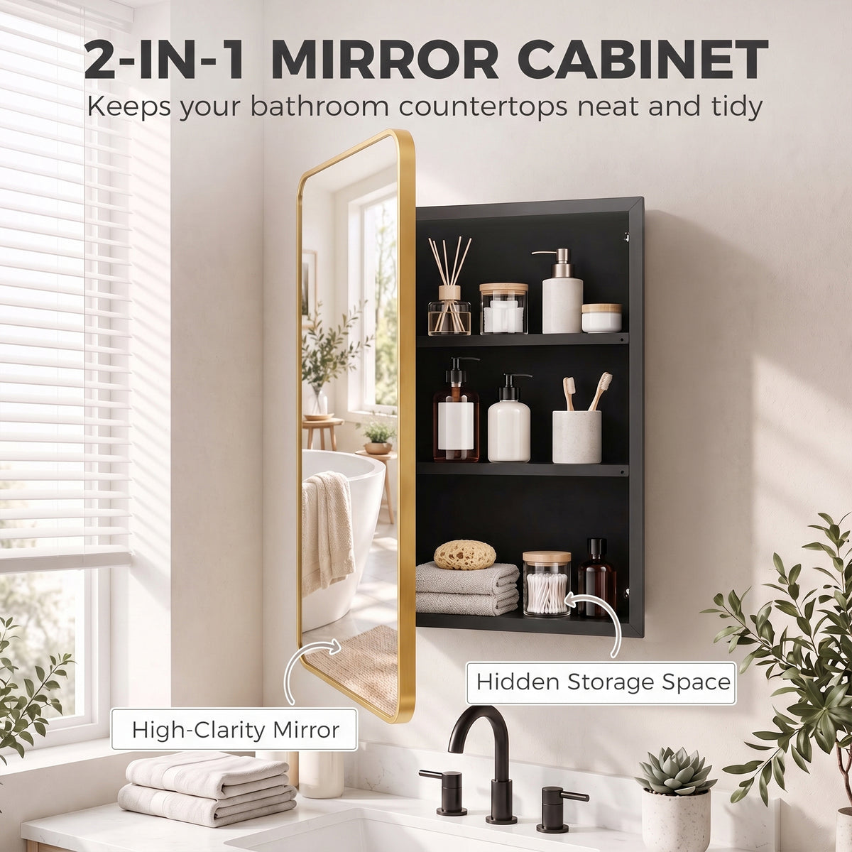 Gold-framed bathroom mirror cabinet with black interior and adjustable vanity shelves.