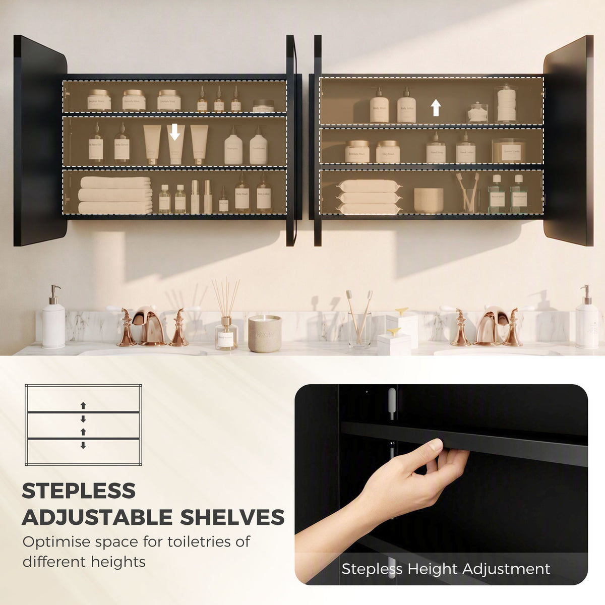 Black bathroom mirror cabinet open with adjustable shelves and storage compartments