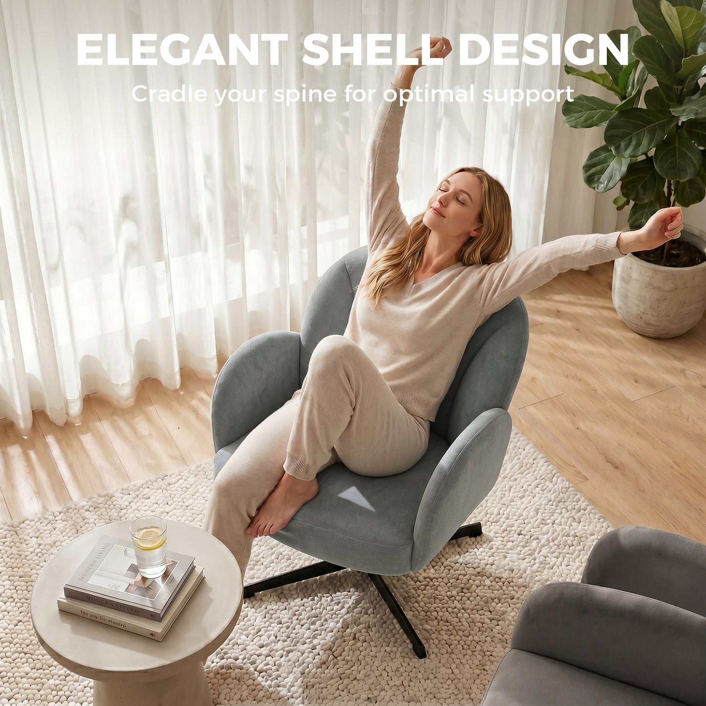 HOMCOM Swivel Accent Chair Shell Shaped Armchair With Spring Cushion 360 Degree Swivel Metal Base Grey