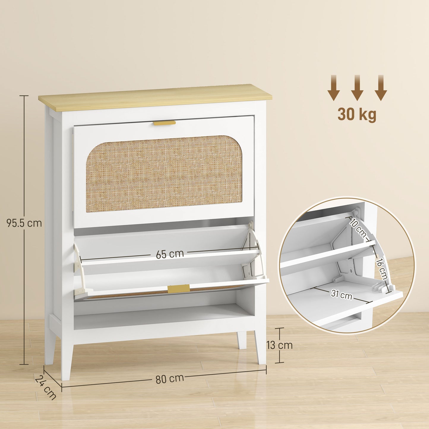 HOMCOM Narrow Boho Rattan Style Shoe Cabinet With 2 Flip Drawers Holds 14 Pairs White