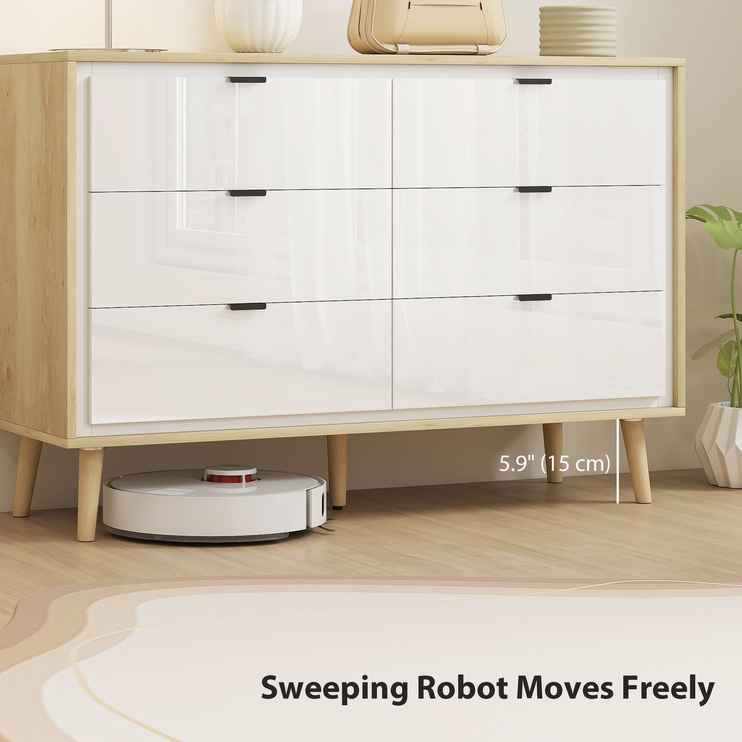 HOMCOM White High Gloss Chest of Drawers with Six Drawers and Five Legs for Bedroom