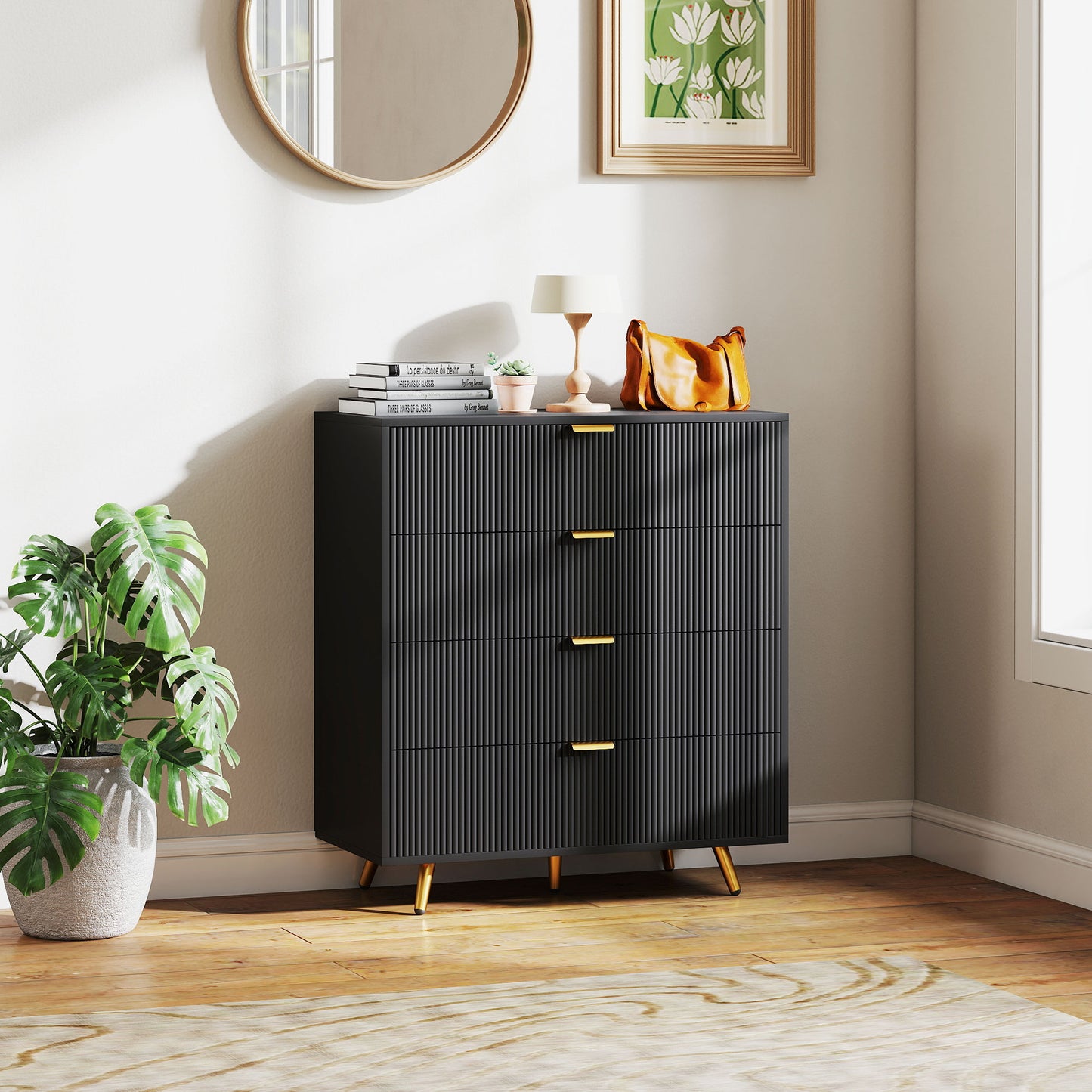 HOMCOM Elegant Four Drawer Bedside Table Black With Ridged Fronts And Gold Handles Nightstand