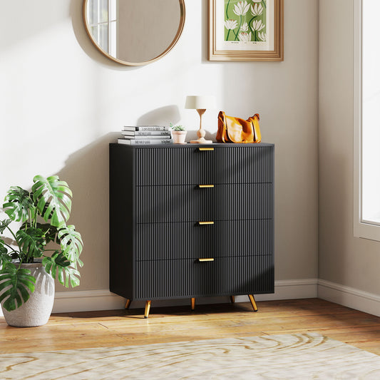 HOMCOM Elegant Four Drawer Bedside Table Black With Ridged Fronts And Gold Handles Nightstand