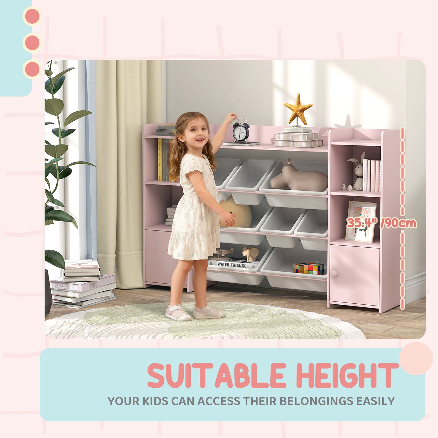 AIYAPLAY Kids Toy Organizers And Storage With 8 Removable Bins And Bookshelf Pink