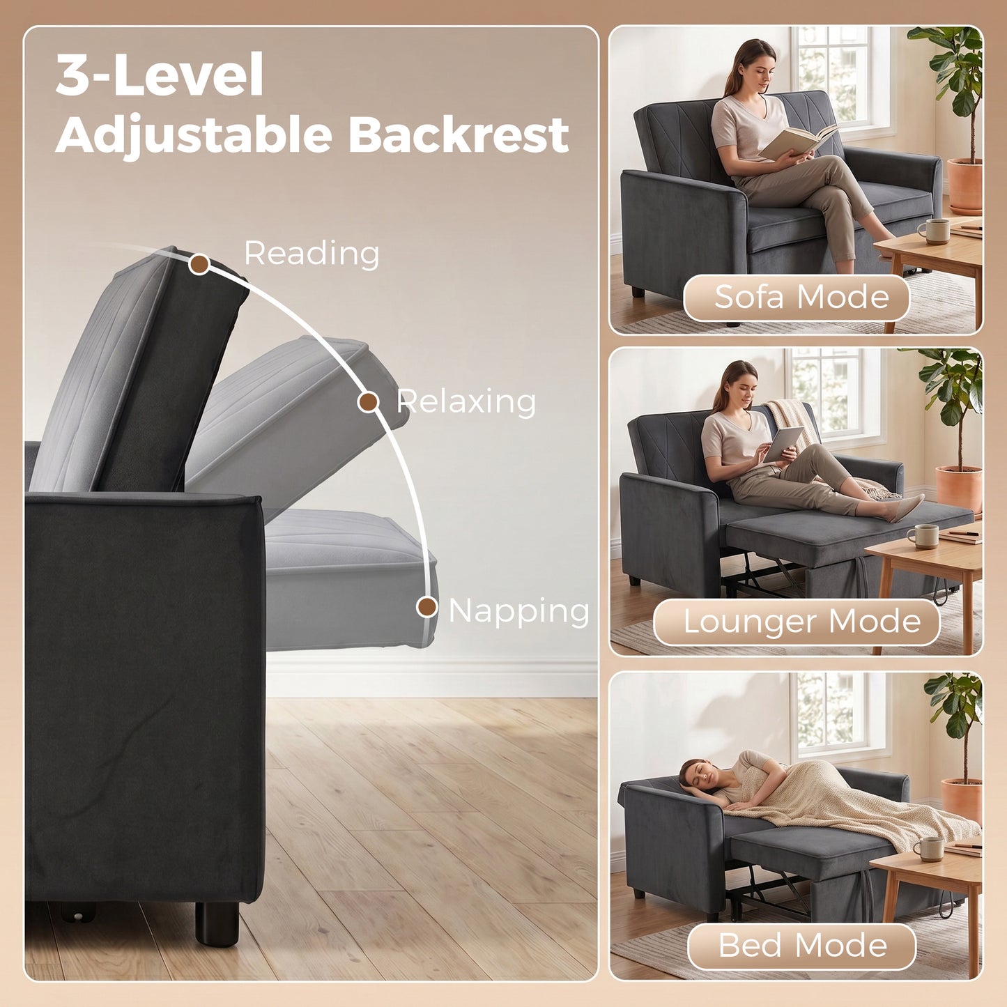 HOMCOM 2 Seater Sofa Bed 3 In 1 Convertible Pull Out Sleeper Sofa With Clik Clack Adjustable Backrest Dark Grey