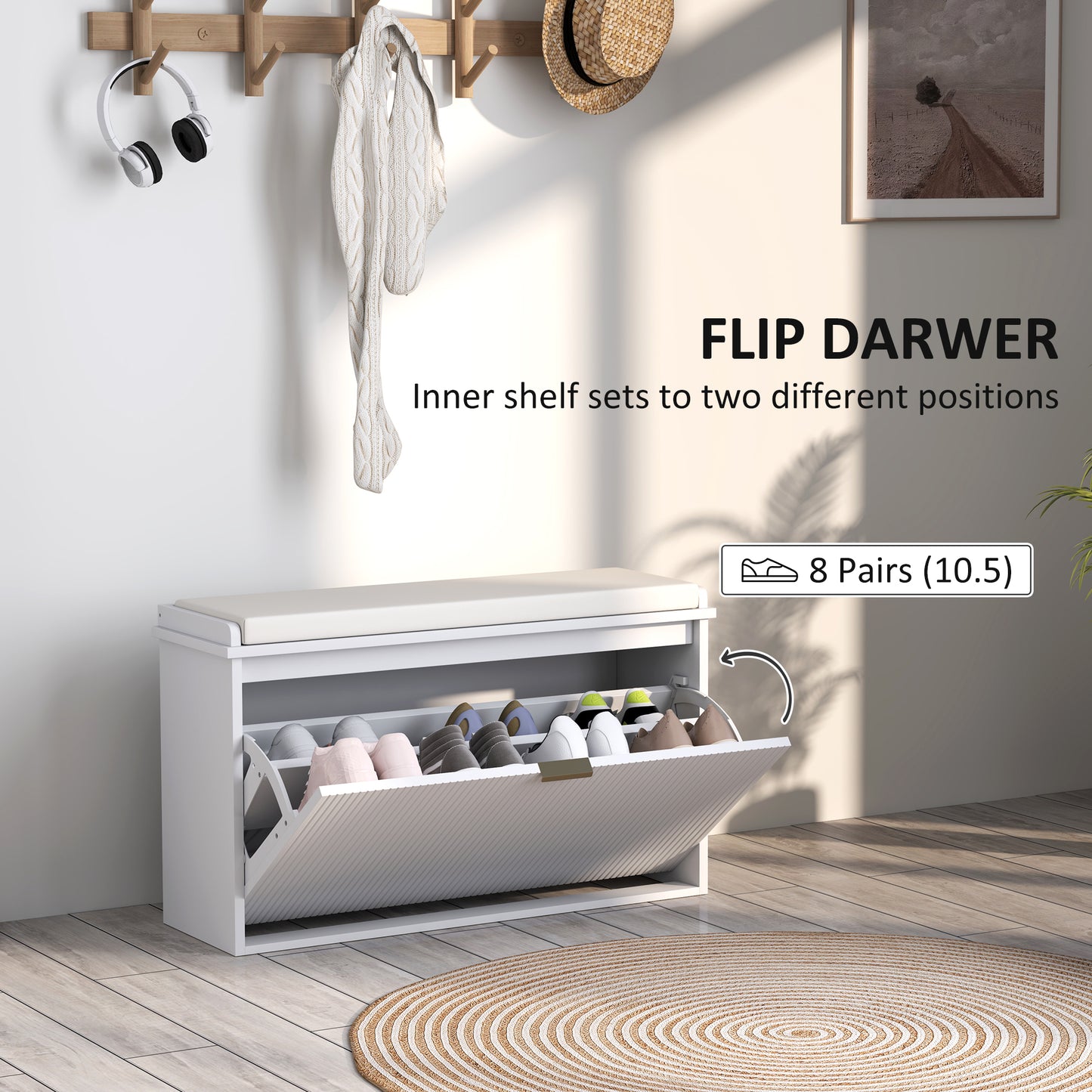 HOMCOM Elegant Eight Shoe Bench With Top Seat White Durable 120 Kg Weight Capacity And Flip Drawer Storage