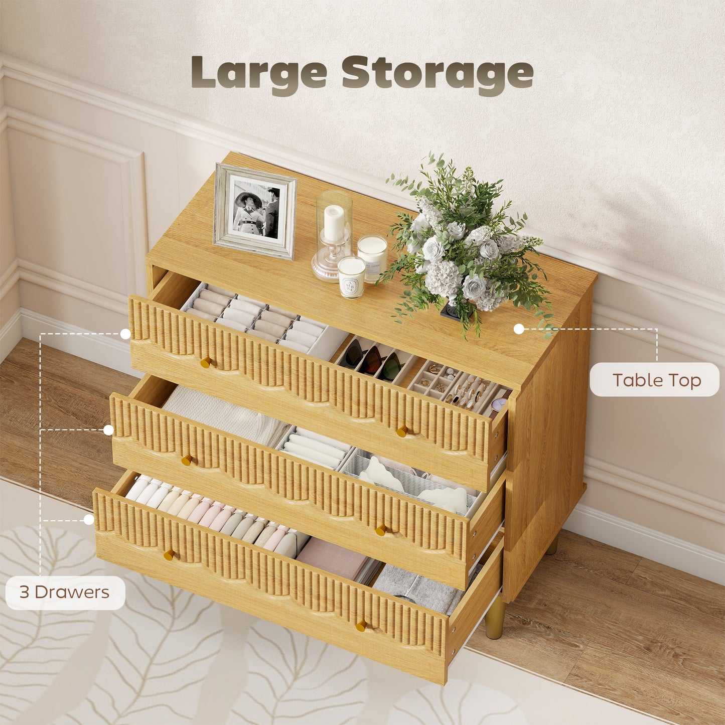 HOMCOM Dresser For Bedroom Three Drawer Chest With Steel Frame Oak Finish Perfect For Living Room Storage