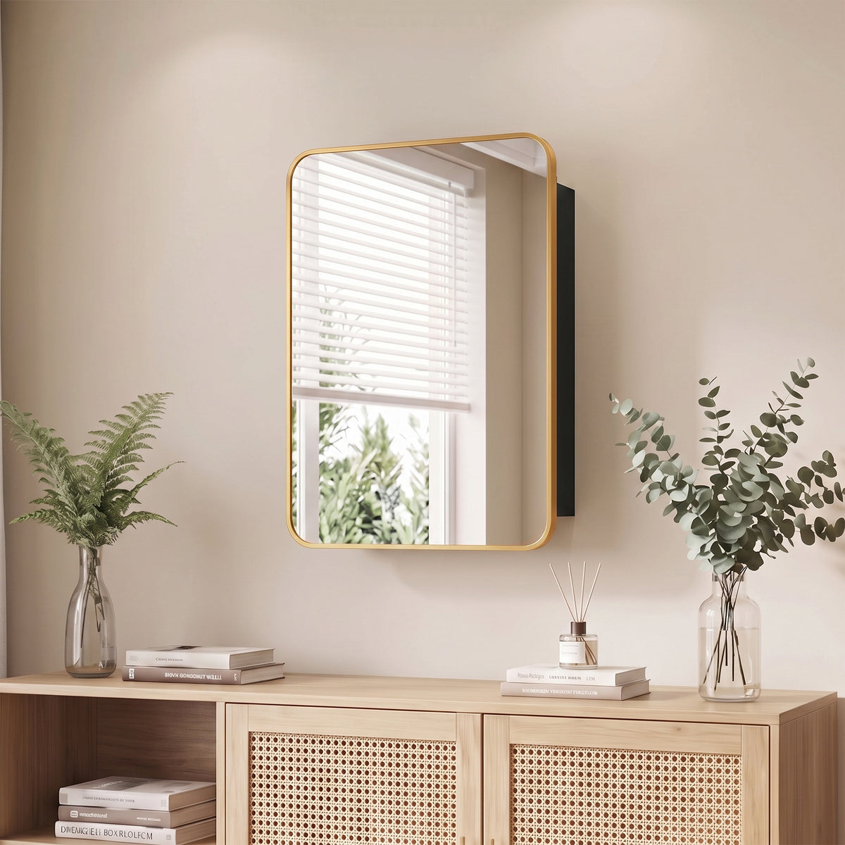 Gold-edge wall mirror cabinet with rounded-rectangle reflective door panel.