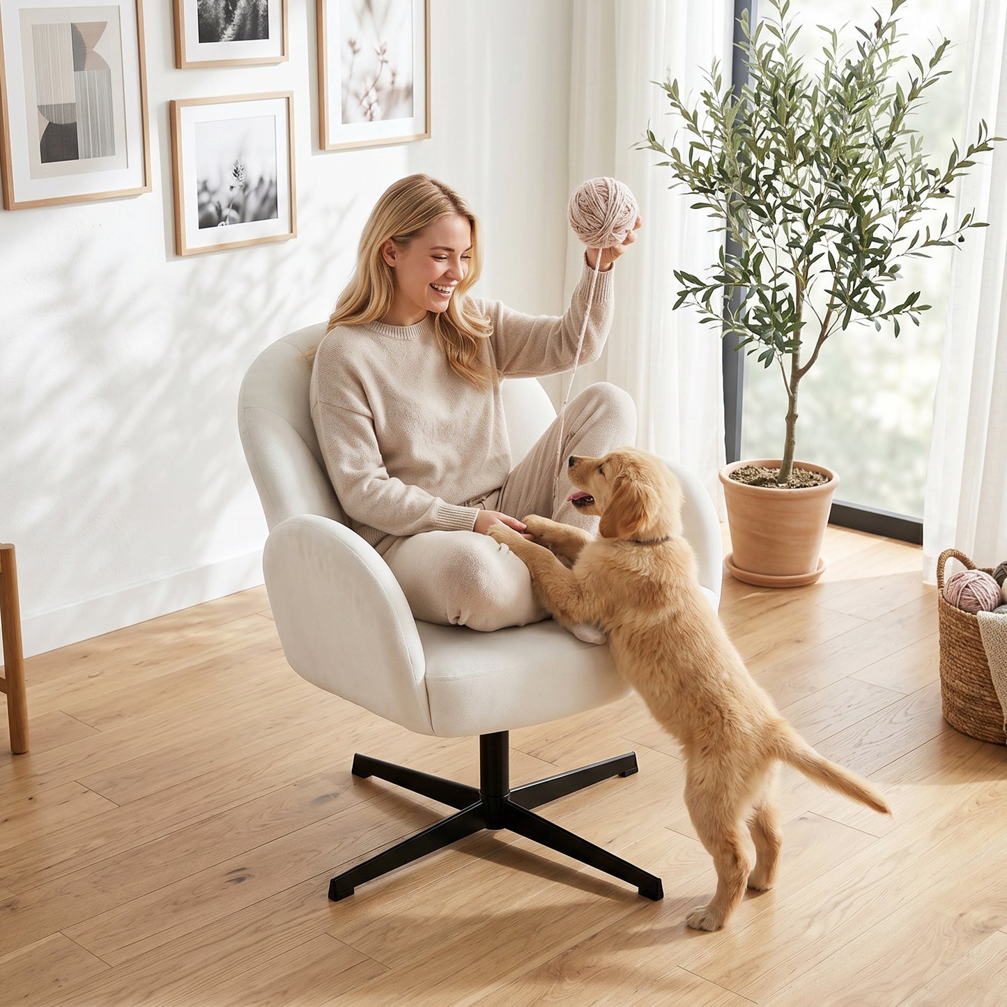 HOMCOM Swivel Accent Chair Shell Shaped Armchair With Spring Cushion And Metal Base Cream White