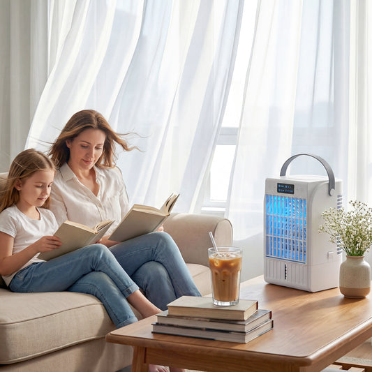 HOMCOM Portable 4 In 1 Air Conditioner And Mini Cooler With 4 Wind Speeds 2 Cool Mist RGB LED Light White