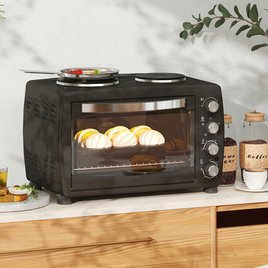 HOMCOM 36L Compact Oven With Dual Hot Plates, Countertop Toaster Oven For Grill, Bake, Roast, Boil, 2600W Black
