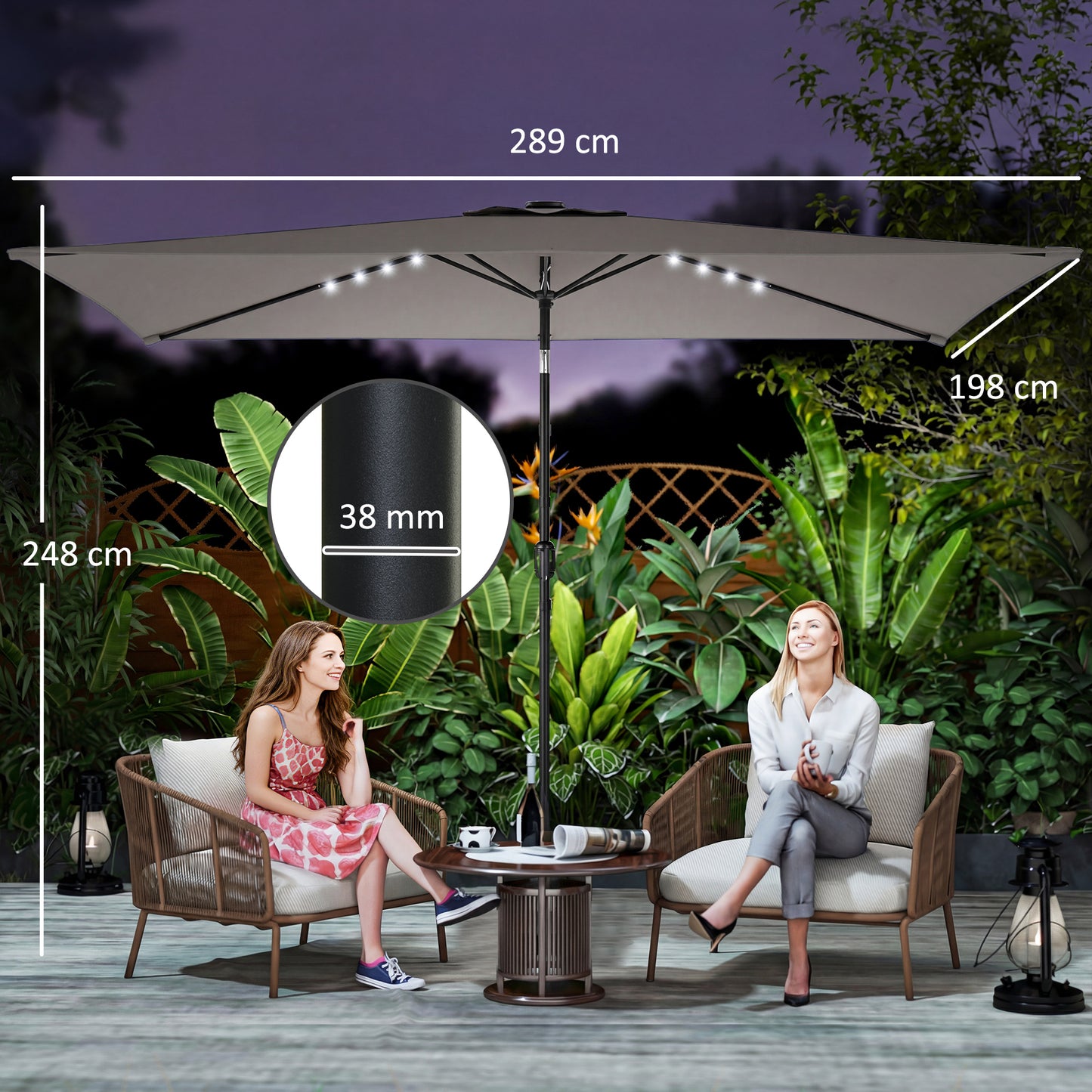 Outsunny 3x2m Garden Parasol Umbrella With LED Solar Light Parasol Cover Outdoor Market Patio Umbrella Dark Grey
