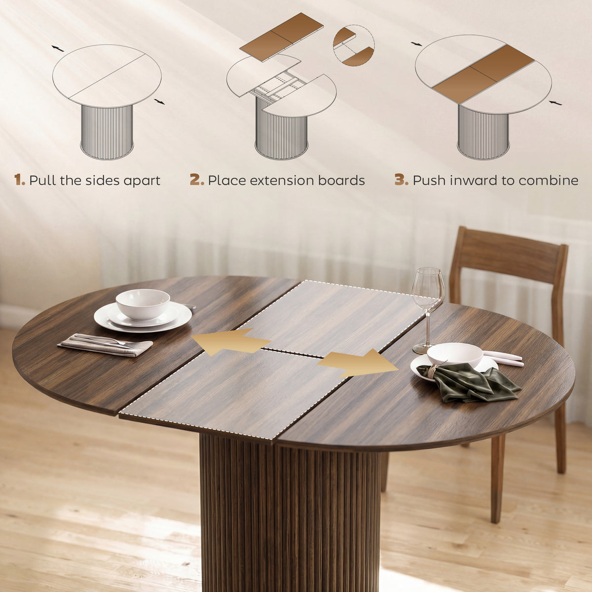 Round extendable dining table showing extension leaf assembly on dark wood pedestal base