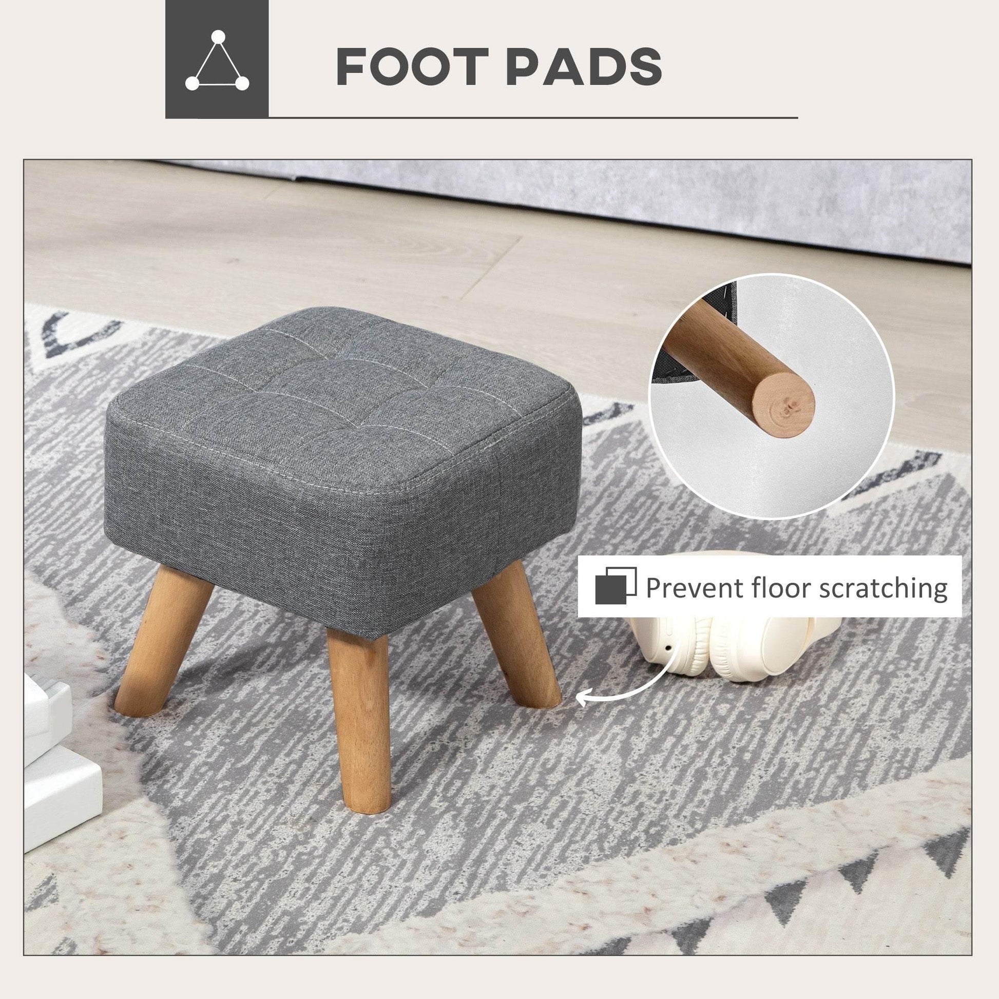 HOMCOM Stylish Grey Tufted Foot Stool with Rubber Wood Legs and Padded Seat for Living Room, Bedroom, and Entryway - ALL4U RETAILER LTD