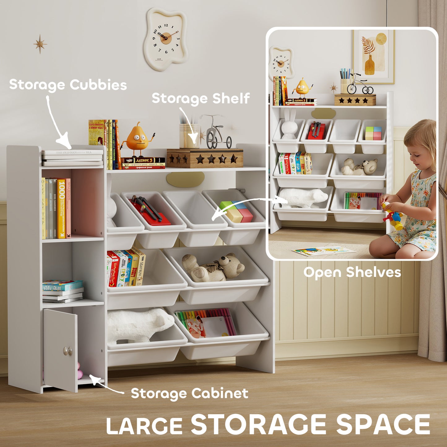 AIYAPLAY Toy Storage Unit With 8 Removable Bins And Shelves And Cabinet In White For Kids Bedrooms And Playrooms