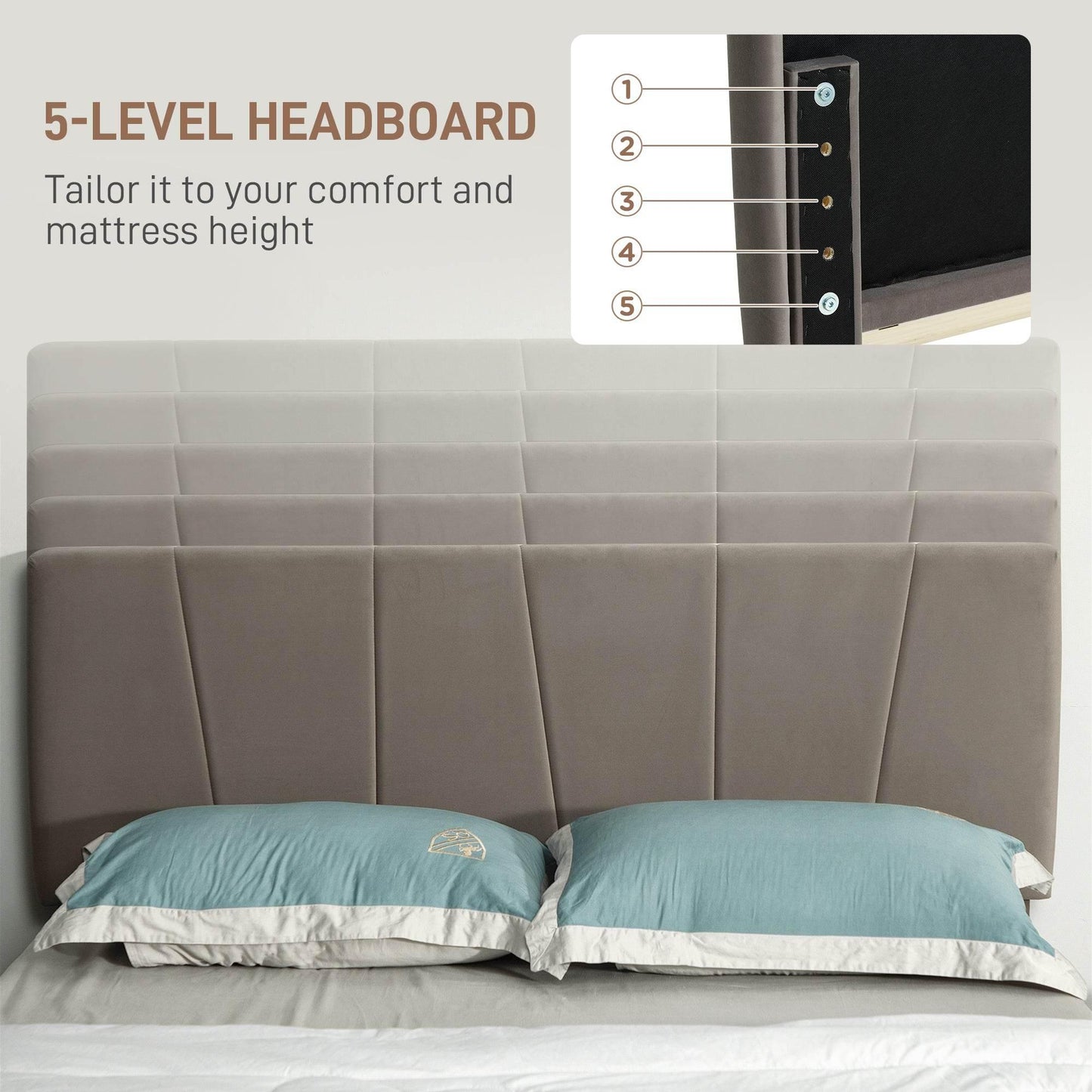 HOMCOM Adjustable Grey Velvet Double Bed Frame with Headboard - ALL4U RETAILER LTD