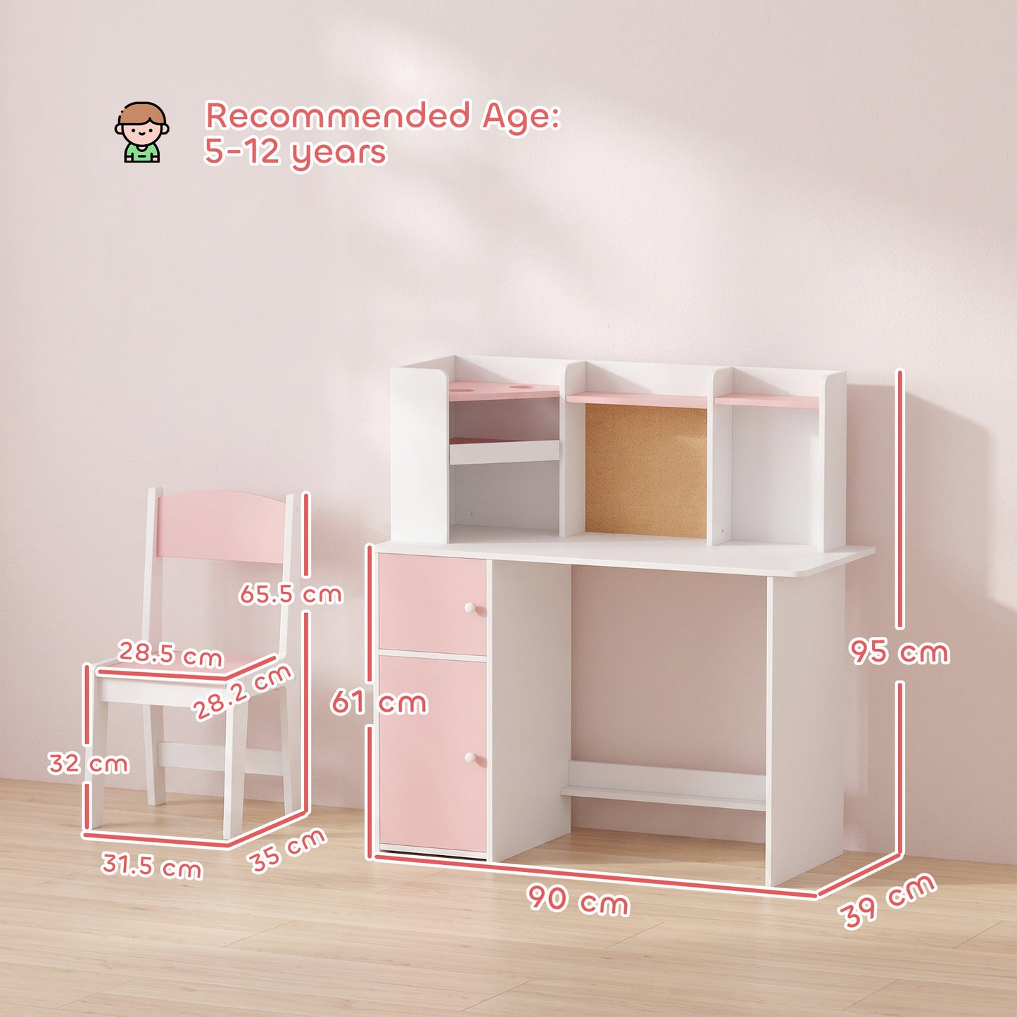 Pink Kids Desk and Chair Set with Adjustable Tablet Stand Storage Shelves