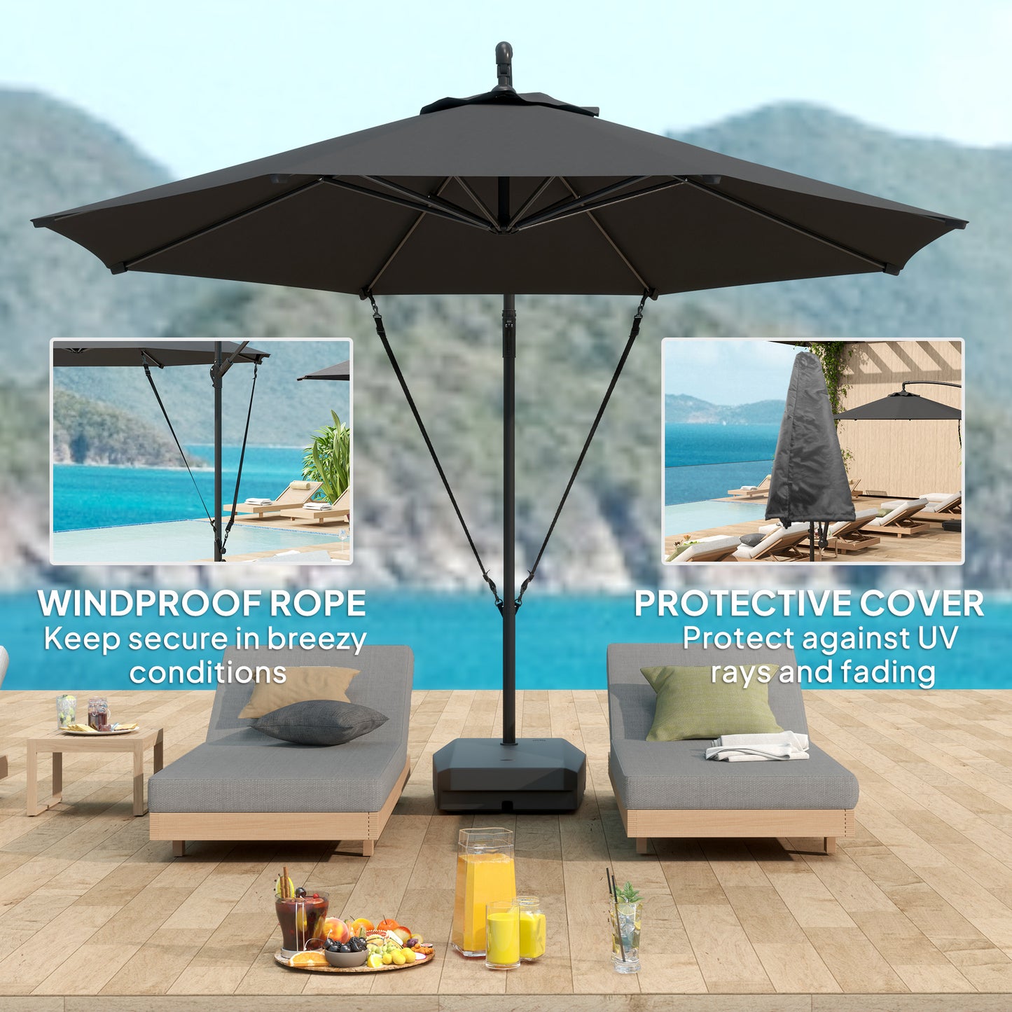 Outsunny 3M Cantilever Garden Parasol With 90kg Fillable Base Wind Straps Cover Crank Tilt UPF50 Grey