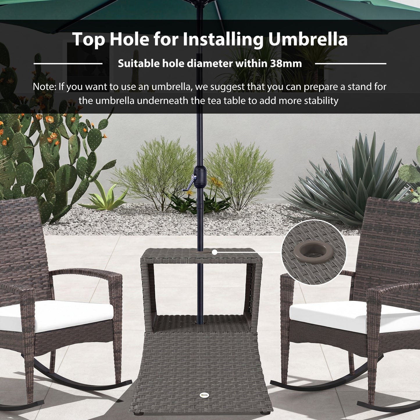 Outsunny Rattan Outdoor Coffee Table Wicker Patio Bistro Side Table With Umbrella Hole And Storage Space Dark Grey