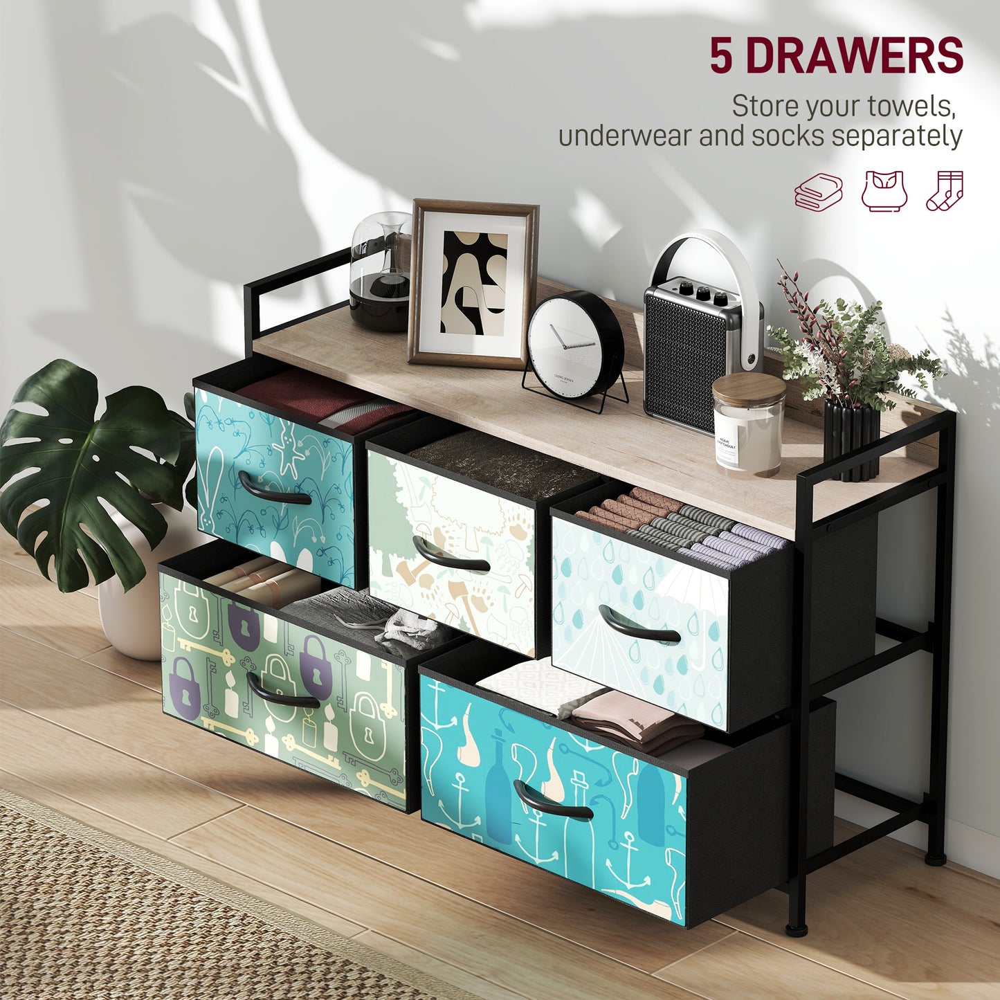 HOMCOM Five Drawer Chest Of Drawers In Blue With Removable Foldable Fabric Drawers For Bedroom Organization