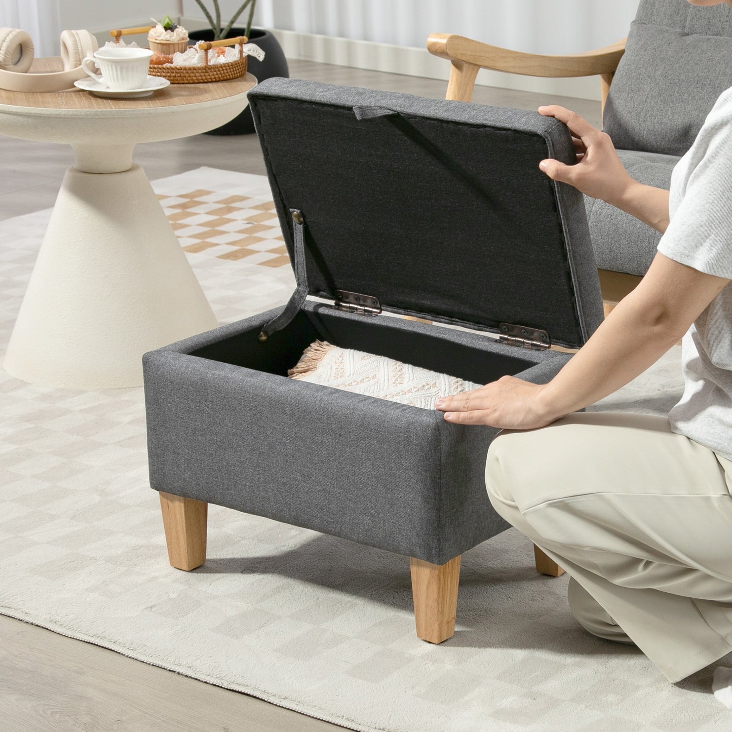 Homcom 16L Linen Storage Ottoman With Padded Seat And Rubberwood Legs Bed End Shoe Bench Charcoal Grey