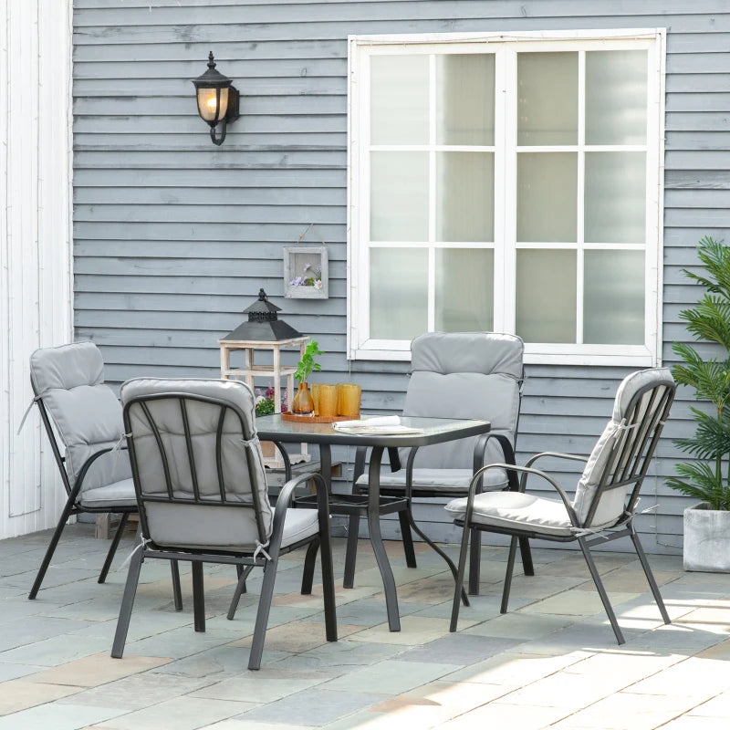 Outsunny 5-Piece Outdoor Square Garden Dining Set with Tempered Glass Dining Table, 4 Cushioned Armchairs, Umbrella Hole - Grey - ALL4U RETAILER LTD