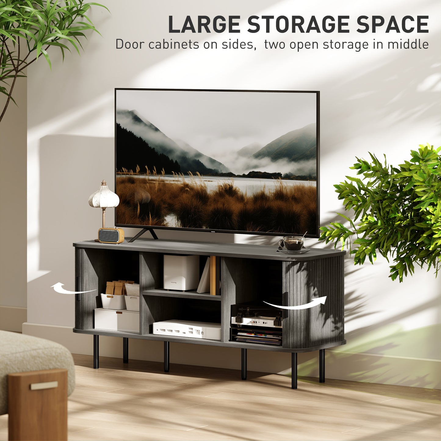 HOMCOM TV Stand Cabinet For 55 Inch TVs With Open Shelves And Two Tambour Door Cupboards Grey