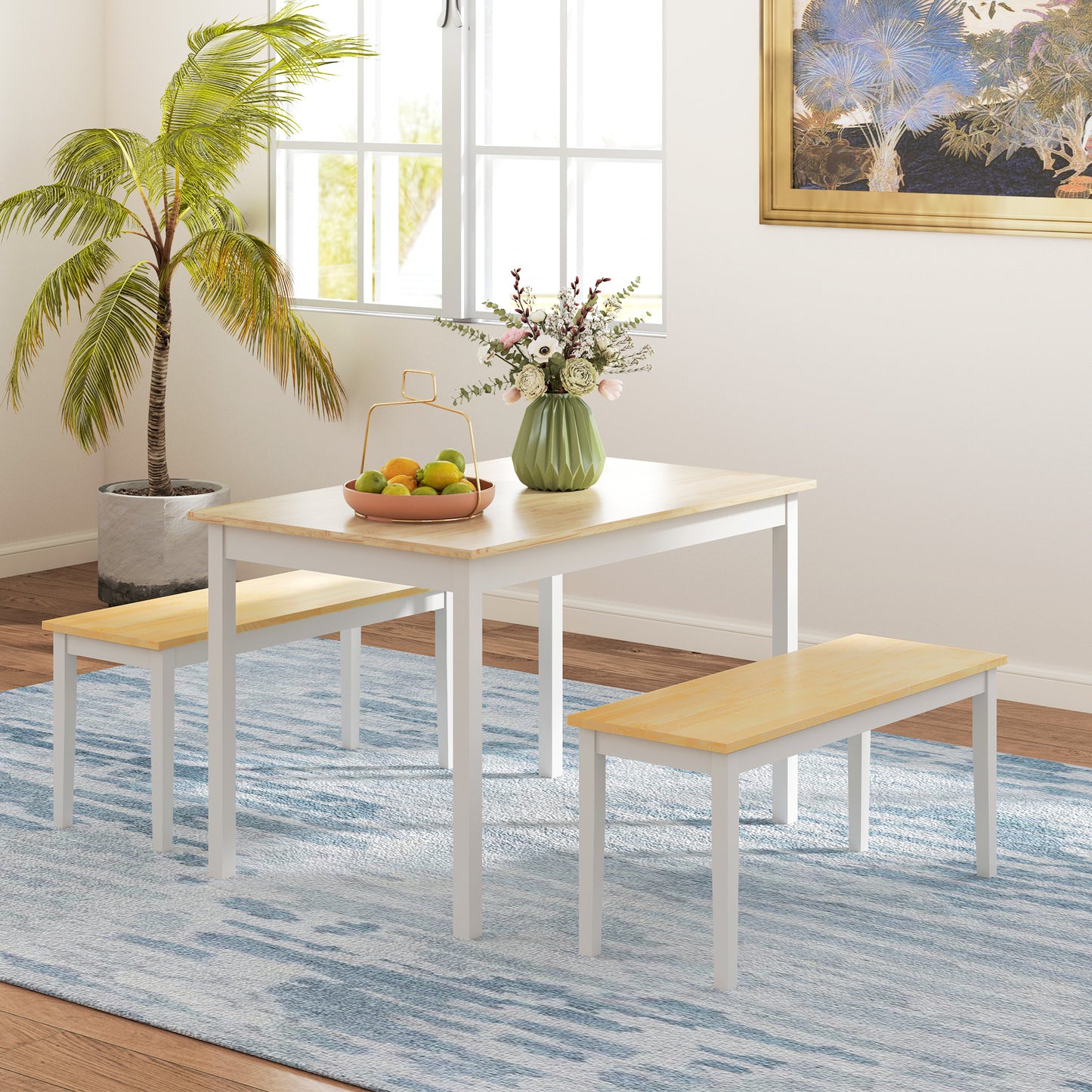 HOMCOM Farmhouse Dining Table and Bench Set with Pine Wood Frame Natural and White Finish for Kitchen and Dining Room