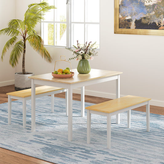 HOMCOM Farmhouse Dining Table and Bench Set with Pine Wood Frame Natural and White Finish for Kitchen and Dining Room