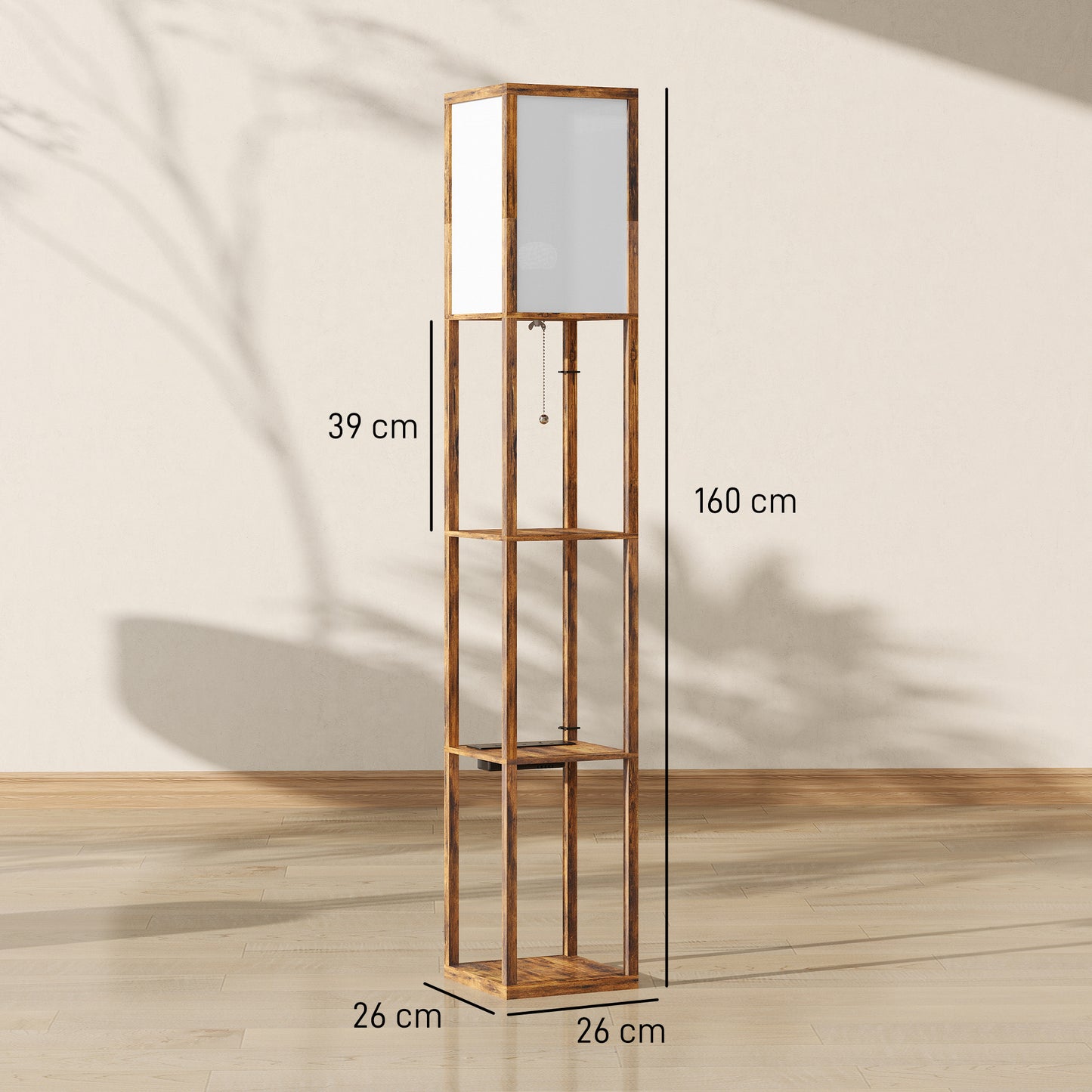 HOMCOM Floor Lamp With Shelves, USB Ports, 3 Colour Temperature, Rustic Brown Standing Lamp