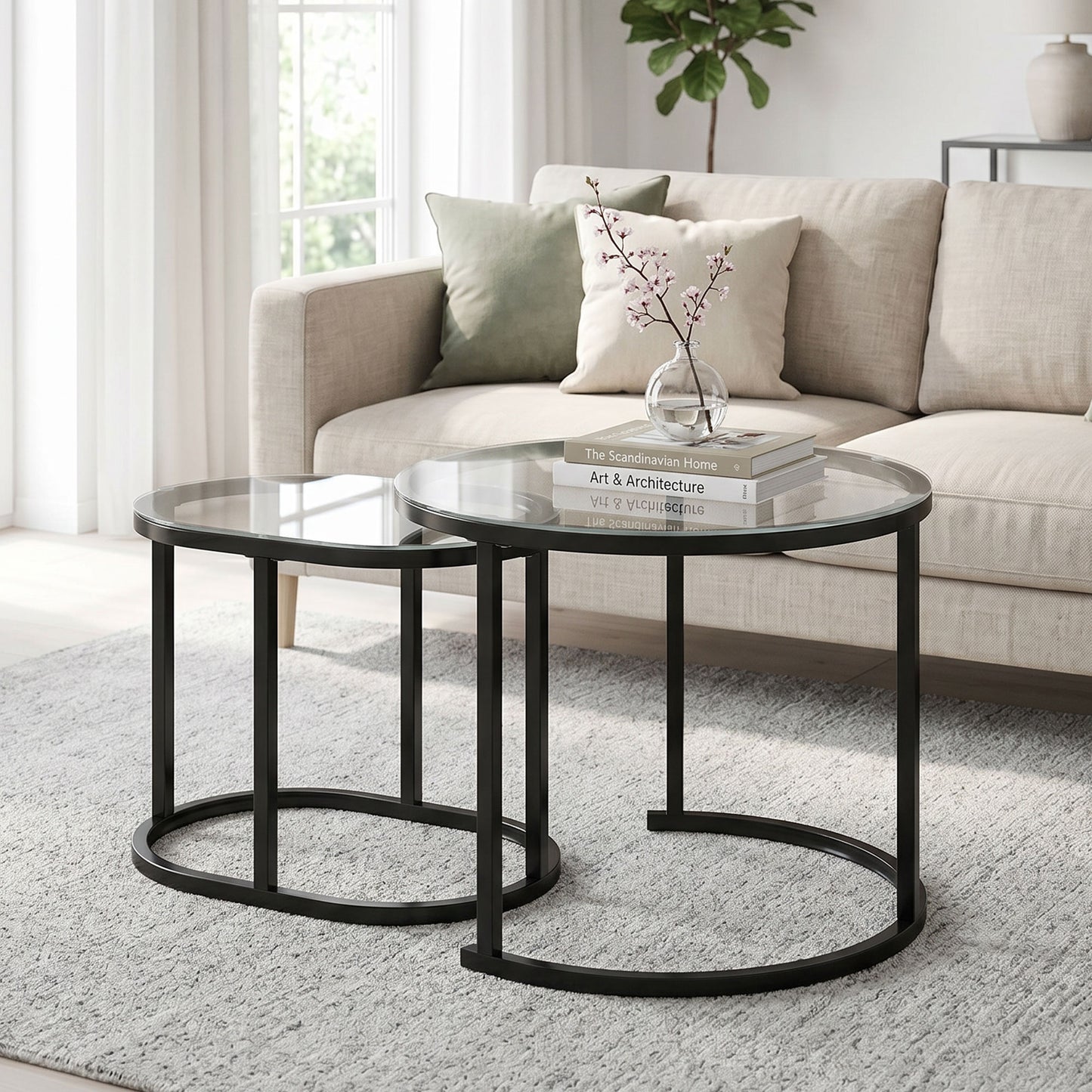 HOMCOM Nest of Tables Set of 2 with Steel Frame and Tempered Glass Tabletops Modern Black Coffee Tables