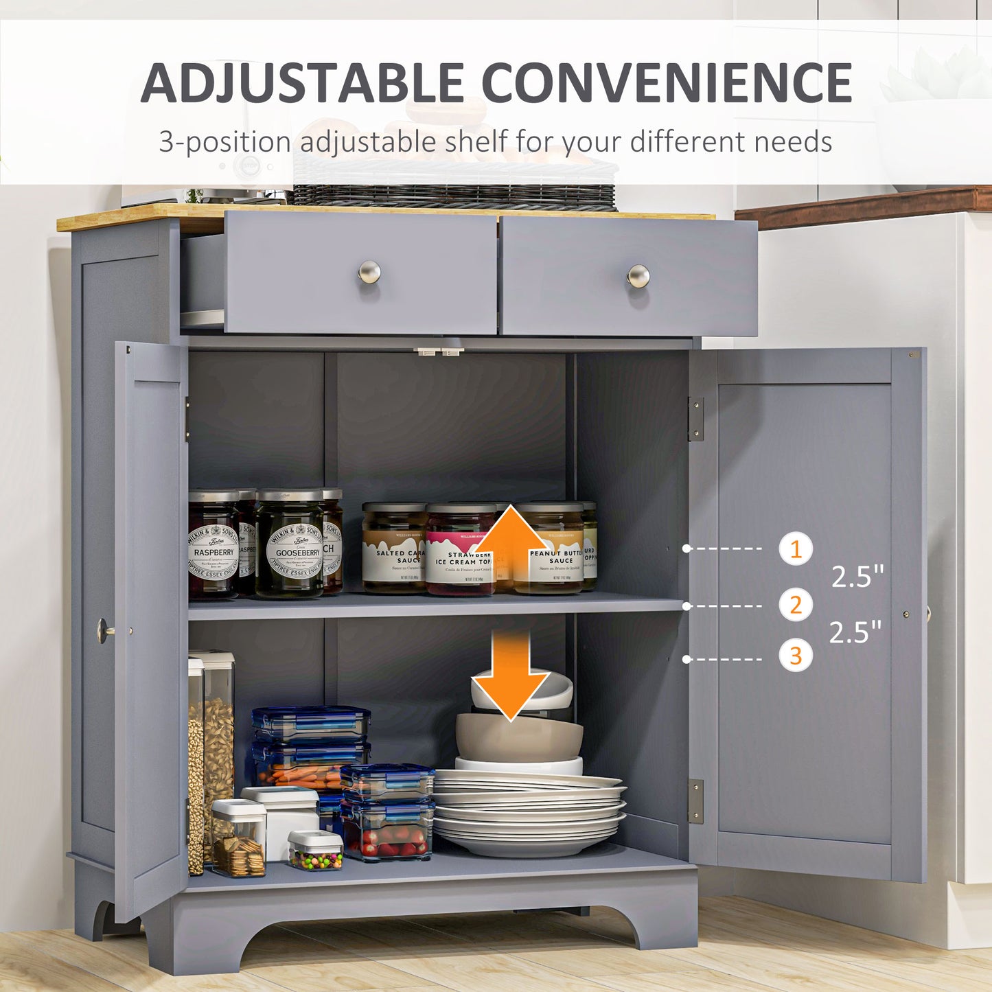HOMCOM Side Storage Sideboard Table Kitchen Floor Cabinet With Solid Wood Top Drawer And Adjustable Shelf Grey