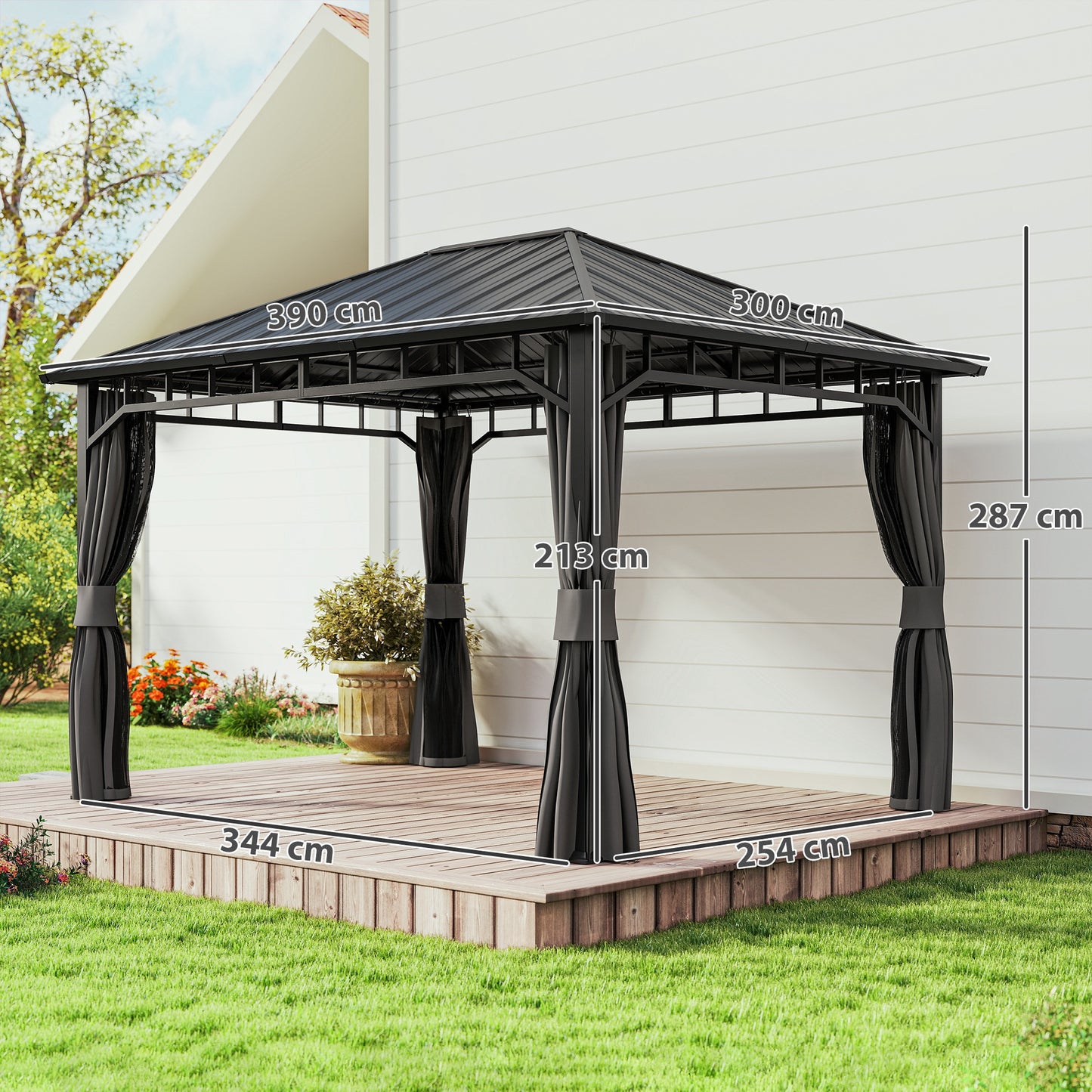 Outsunny 3 x 4m Hardtop Gazebo With Galvanised Steel Roof Water Gutter Waterproof Pavilion For Patio And Deck Netting