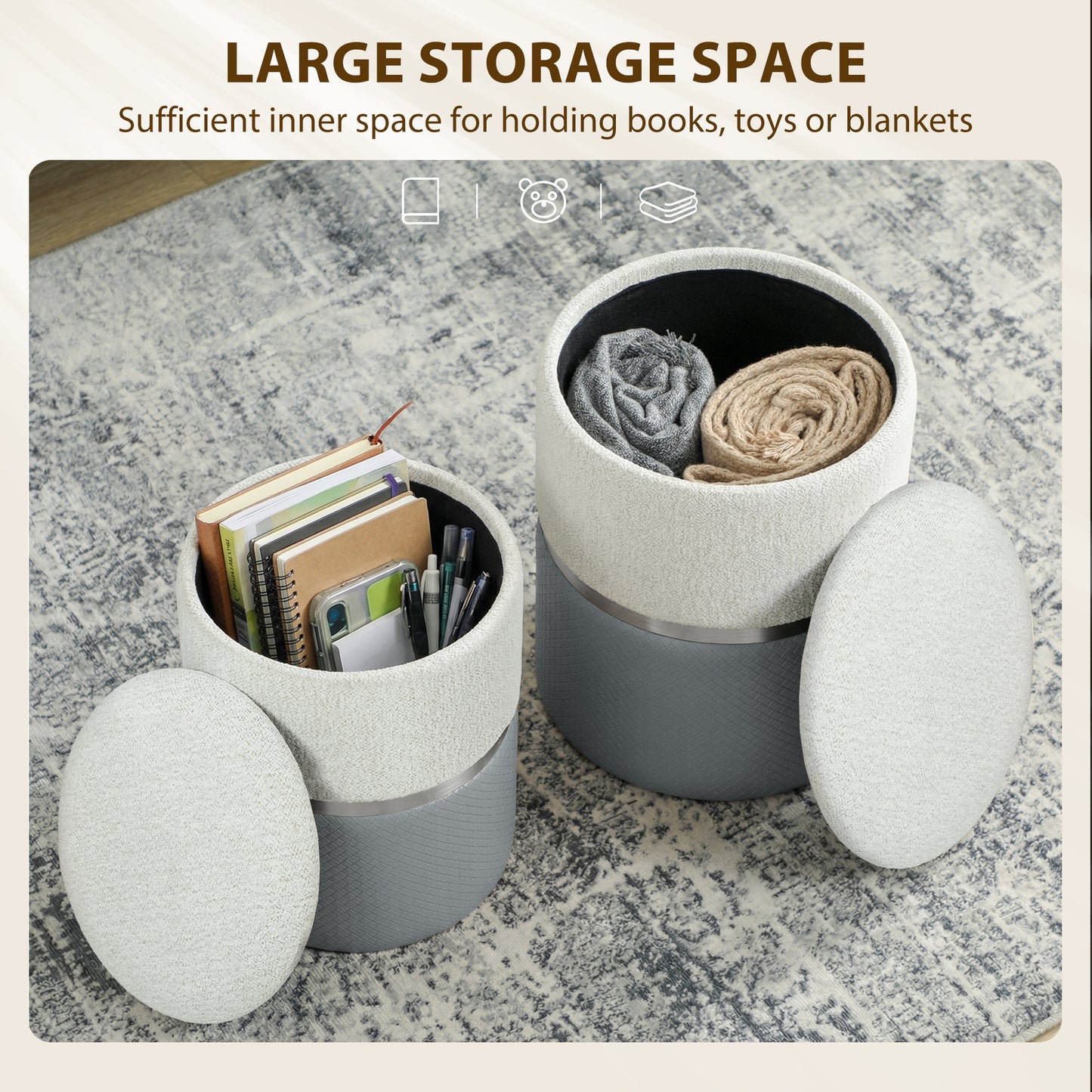 HOMCOM Nesting Round Ottomans With Storage Set Of 2 Cream And Grey Two Tone Upholstered Ottomans