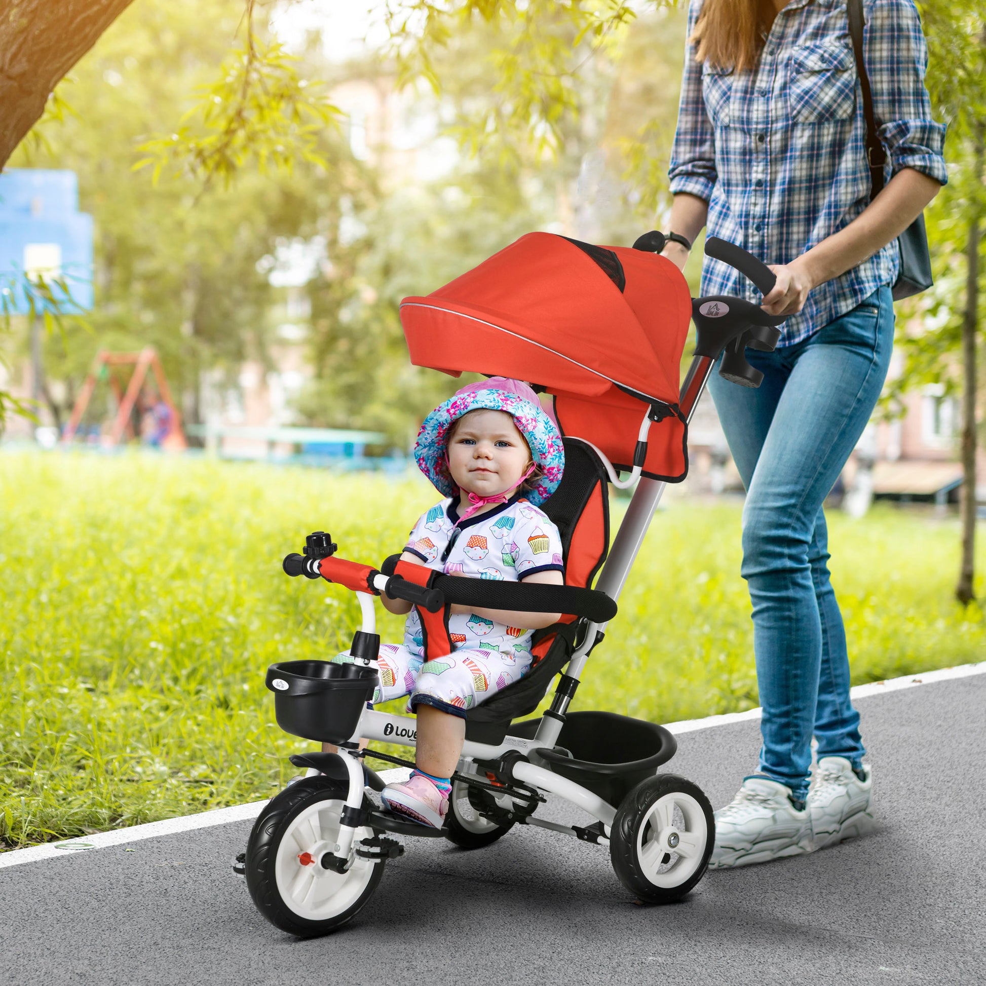 HOMCOM 4-in-1 Convertible Baby Tricycle with Parent Handle for Ages 1-5, Red - ALL4U RETAILER LTD