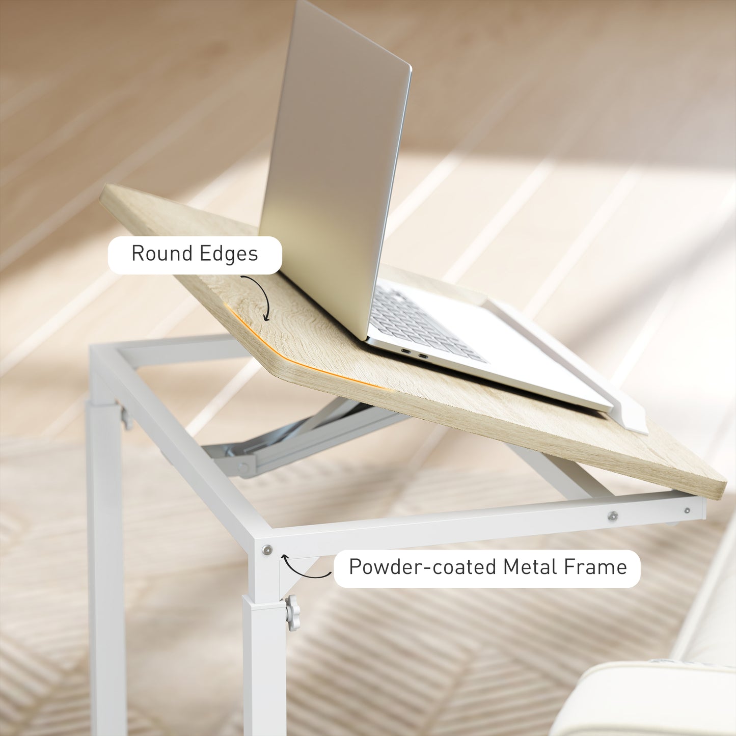 HOMCOM C Shaped Sofa Side Table Height Adjustable Overbed Table With Tilting Desktop Mobile Laptop Desk Oak And White