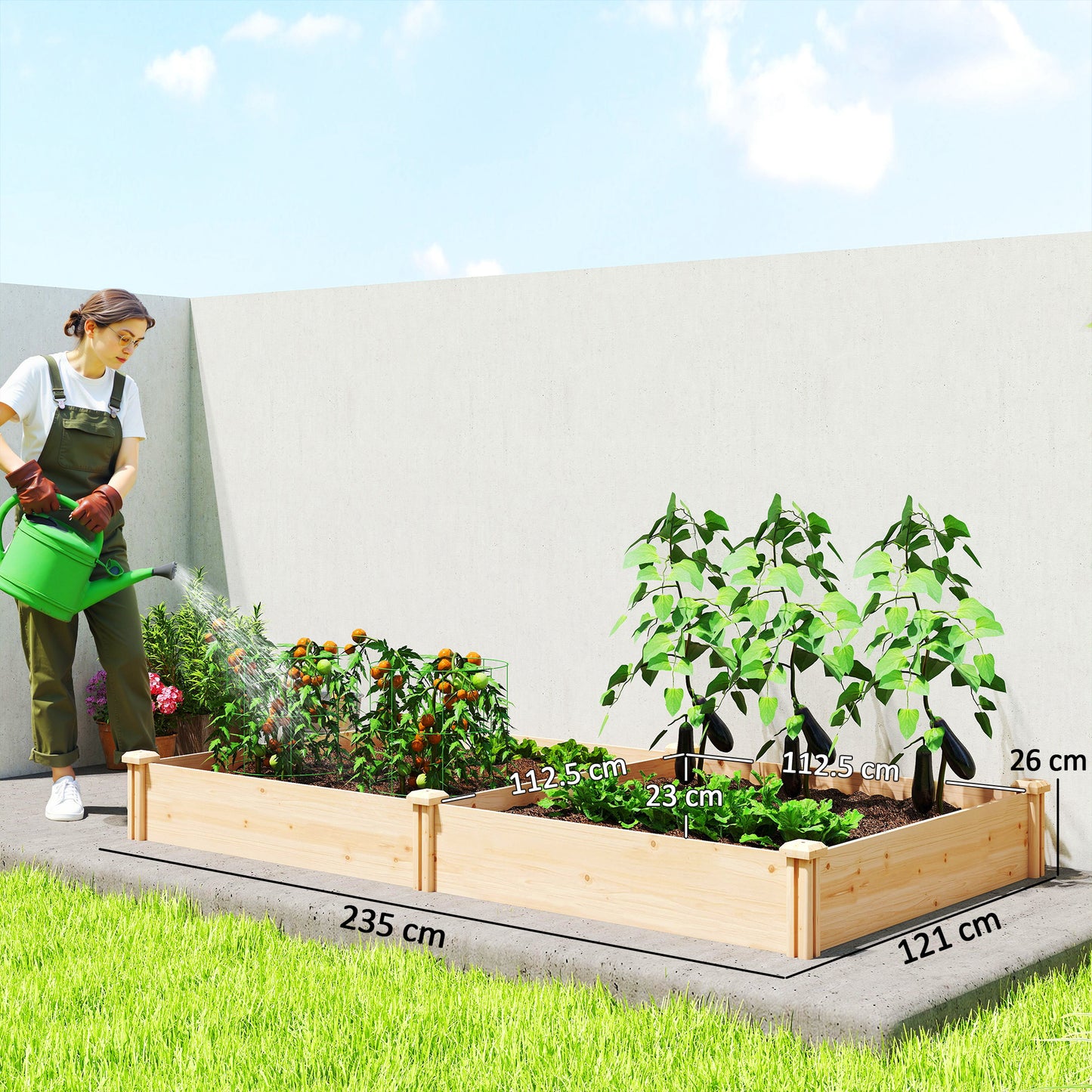 Outsunny Raised Garden Bed Wooden Planter Box With Divider Open Bottom For Flowers Herbs Vegetables DIY Painting