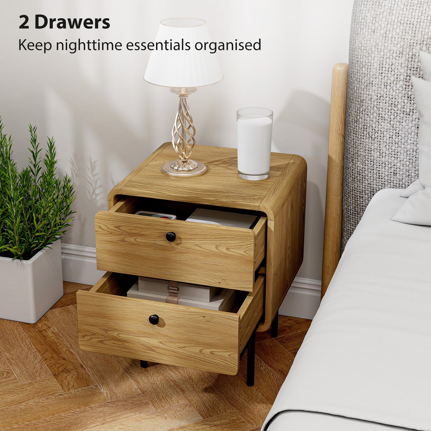 HOMCOM Bedside Table With 2 Drawers And Durable Steel Legs In Oak Finish For Modern Bedroom Storage And Organization