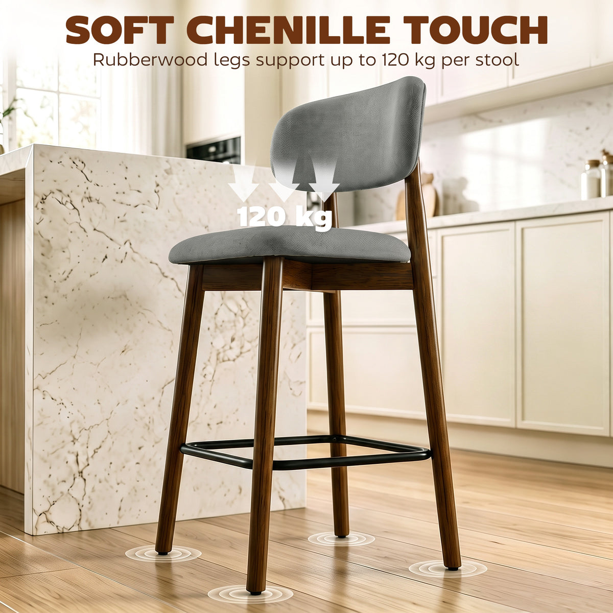 Grey upholstered bar stool with curved backrest, rounded seat, and dark metal footrest