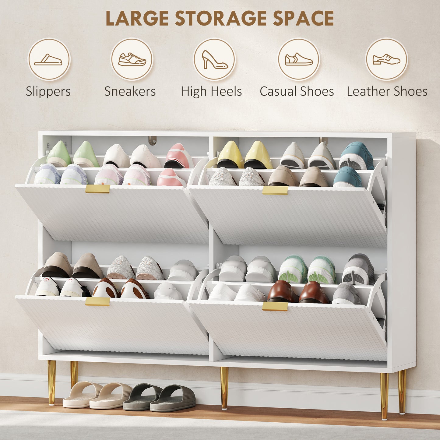 HOMCOM Elegant Four Drawer Shoe Cabinet In White With Ridged Front Doors Gold Accents And Adjustable Shelves