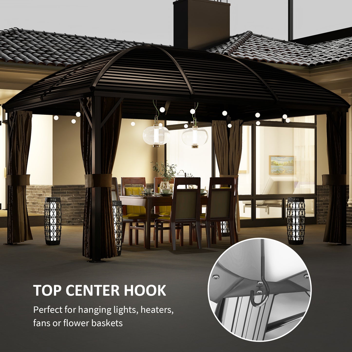 Outsunny 3 By 4m Hardtop Gazebo With Metal Roof Aluminium Frame Netting Curtains Permanent Pavilion Brown