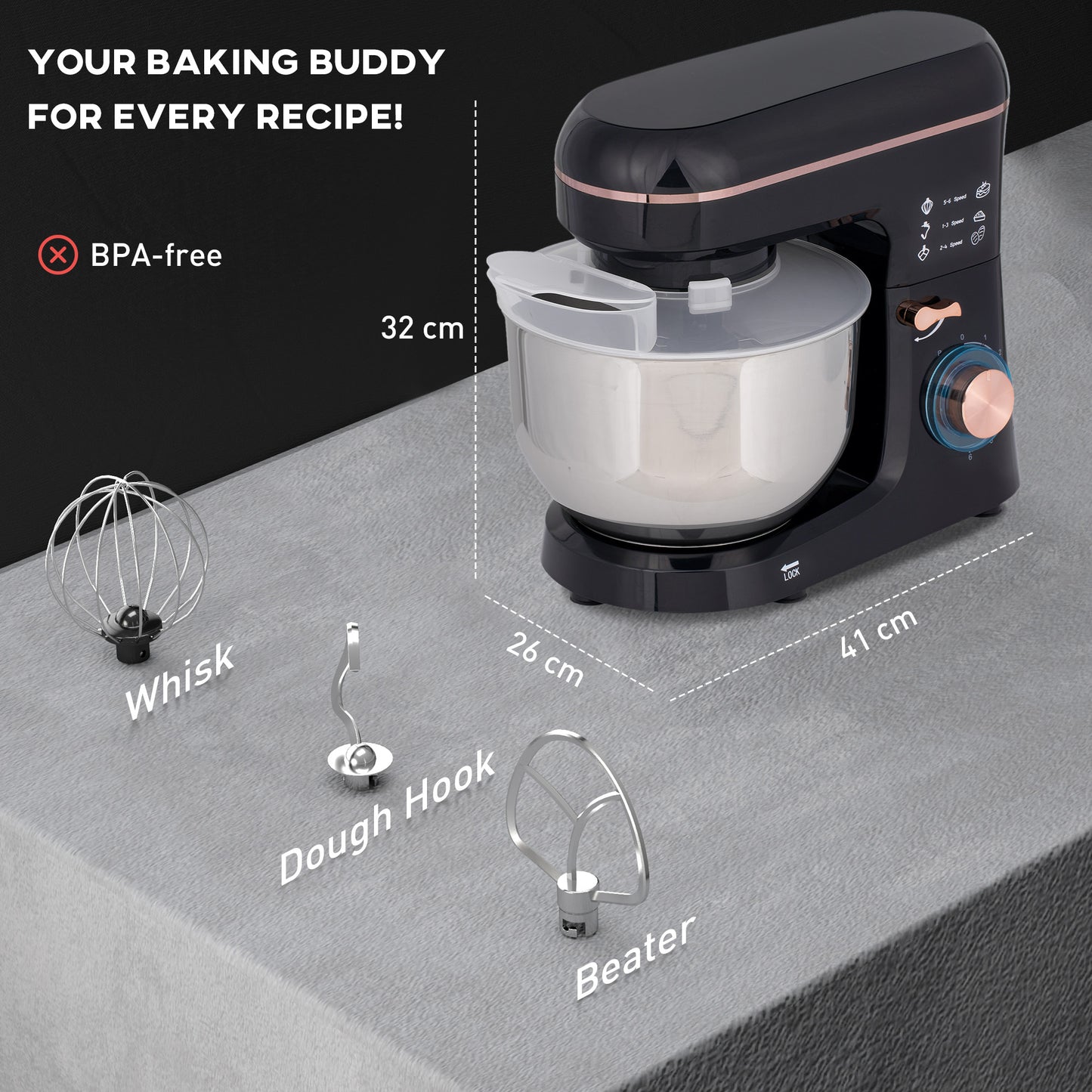 HOMCOM Stand Mixer 1400W 6 Speed Pulse Tilt Head with 5L Stainless Steel Bowl Dough Hook Whisk Splash Guard Beater