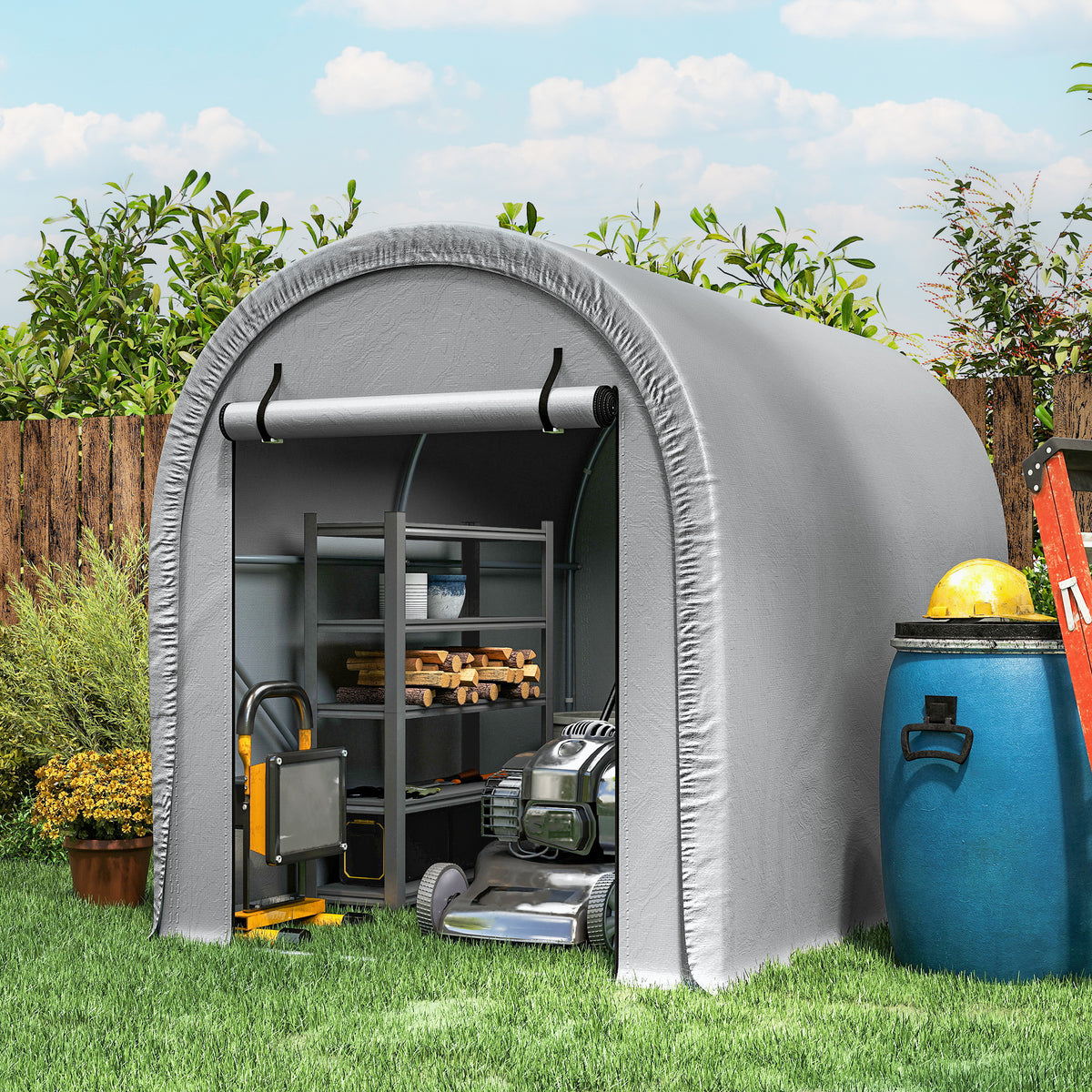 Gray storage tent with open front, gardening tools and mower visible inside.