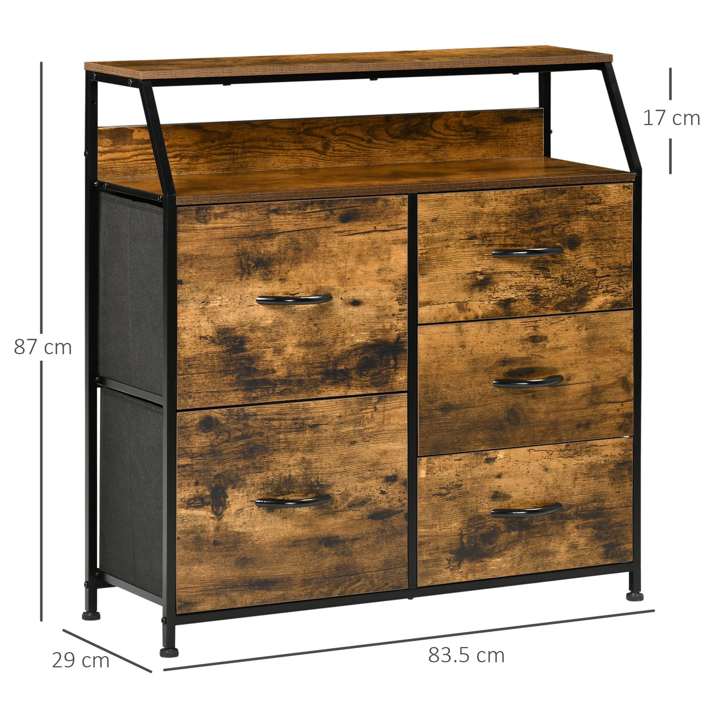 HOMCOM Bedroom Chest Drawers Industrial 5 Fabric Drawer Dresser Open Shelf Living Room Rustic Brown - ALL4U RETAILER LTD