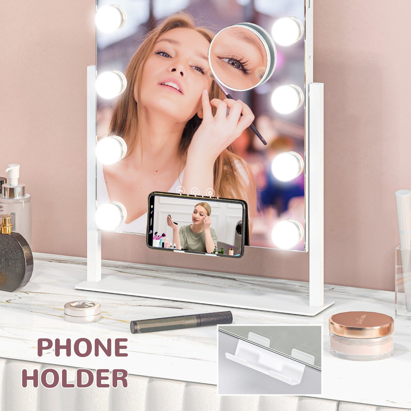 HOMCOM Lighted Makeup Mirror with Adjustable Brightness & USB Charging, 37x46 cm Hollywood Vanity Mirror - ALL4U RETAILER LTD