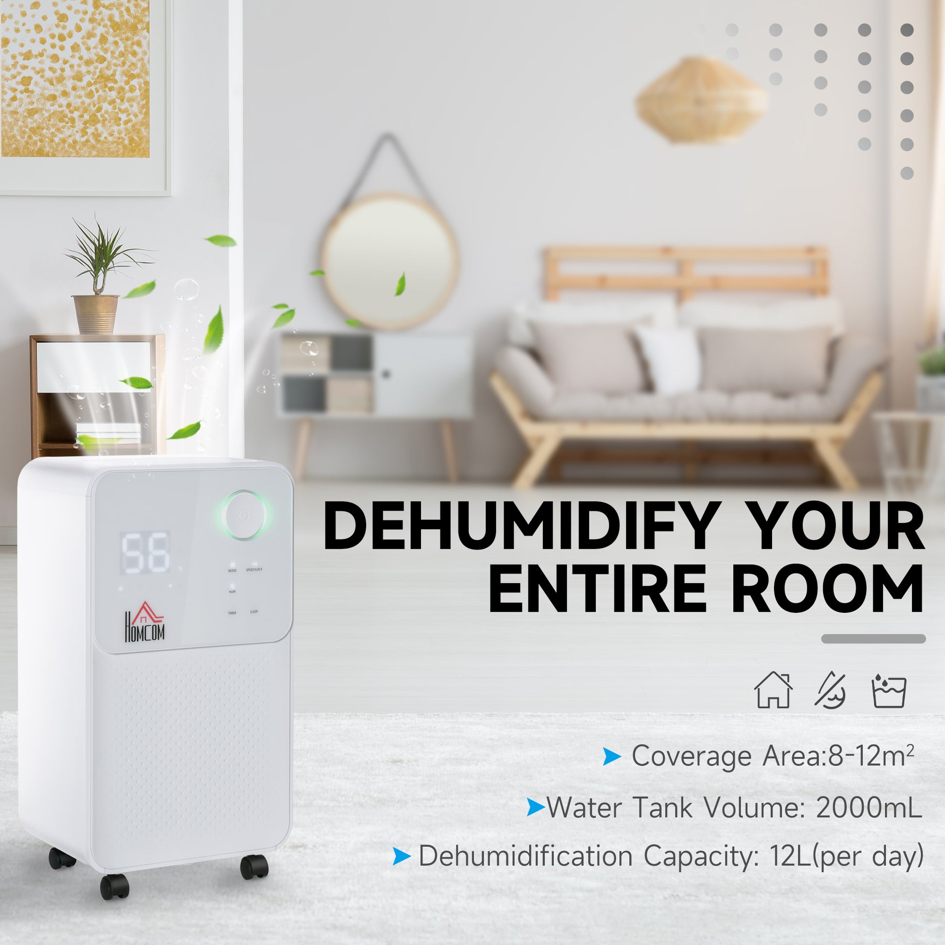 HOMCOM 12L/Day Compact Quiet Dehumidifier for Home & Laundry - 4 Adjustable Modes - ALL4U RETAILER LTD