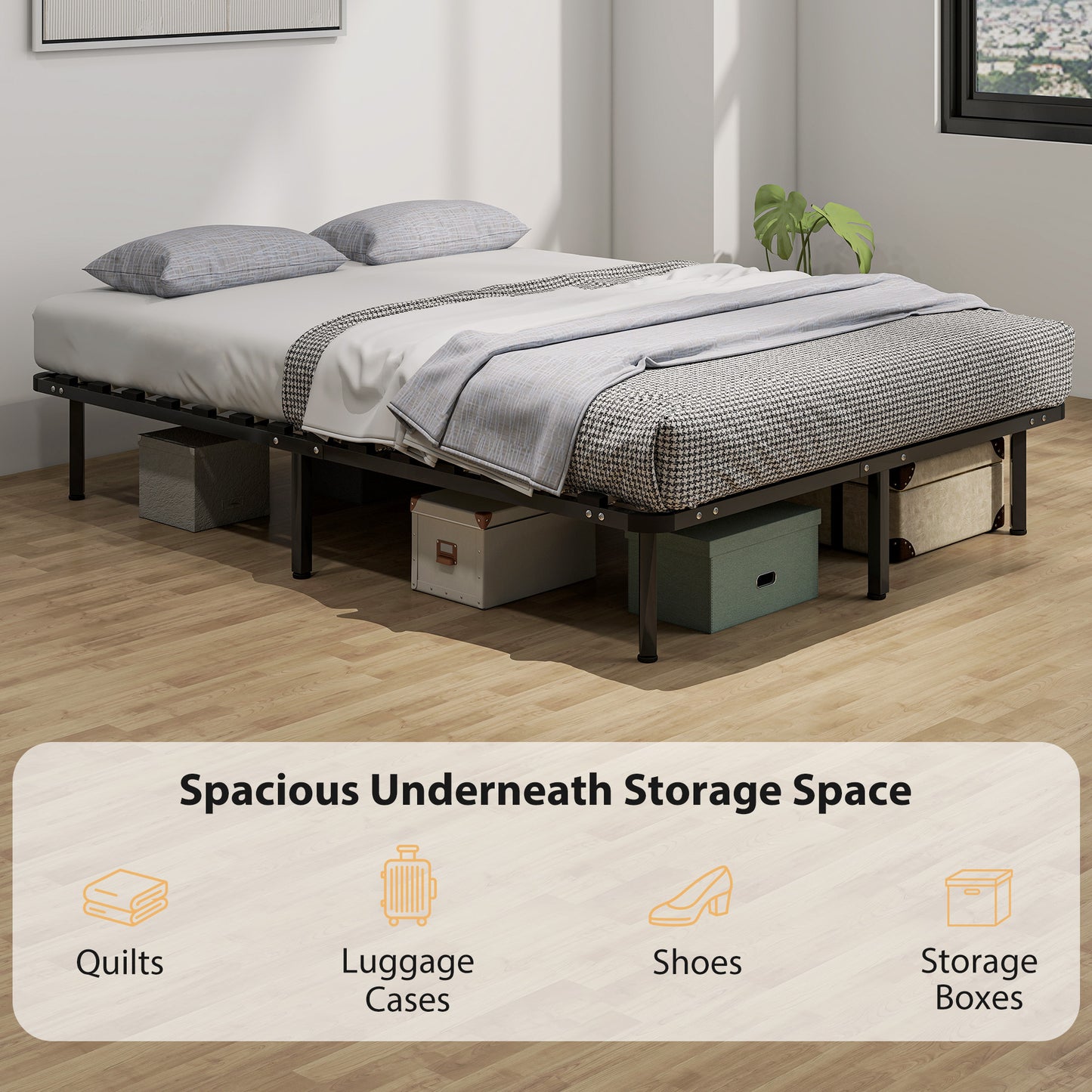 HOMCOM 4ft6 Double Bed Frame Metal Platform Bed With 2 By 14 Slats No Box Spring Needed Underbed Storage Black