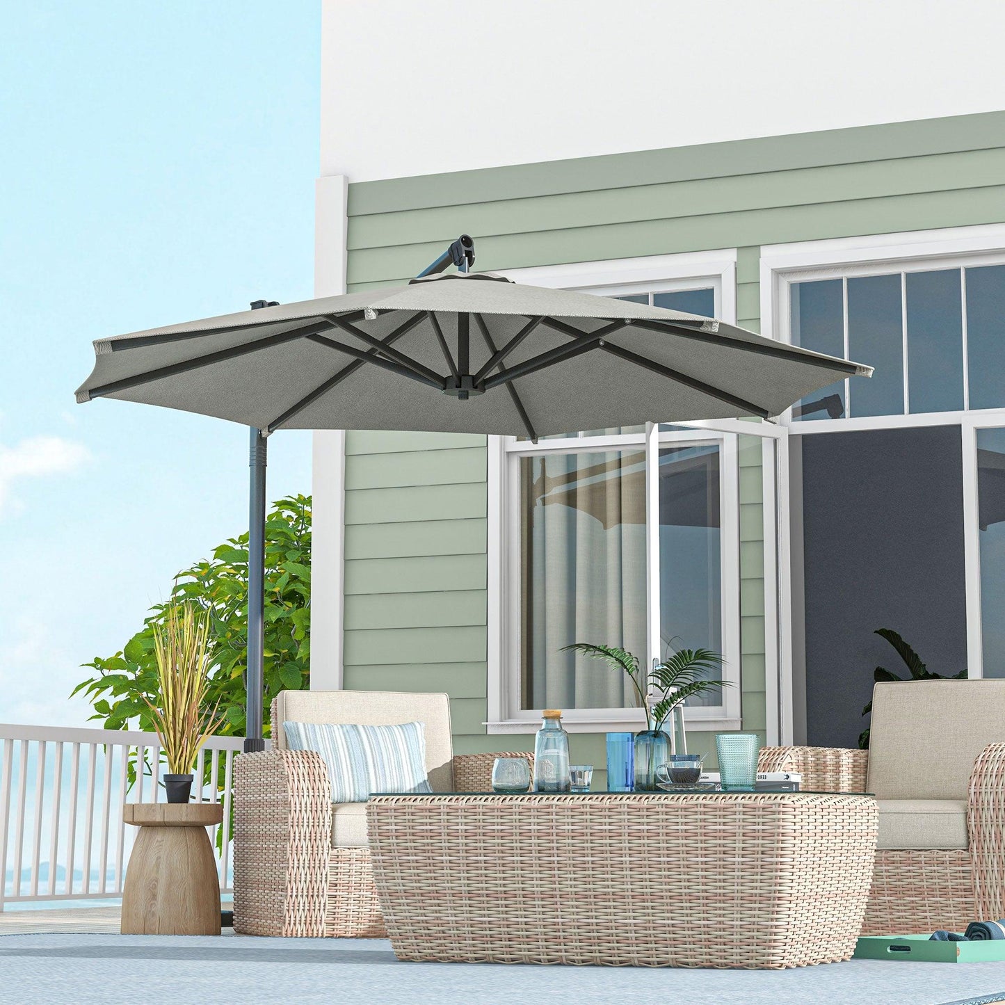 Outsunny 3 m Cantilever Banana Parasol with Cross Base, 360Â° Rotation Patio Umbrella with Crank Handle, Tilt, Beige - ALL4U RETAILER LTD