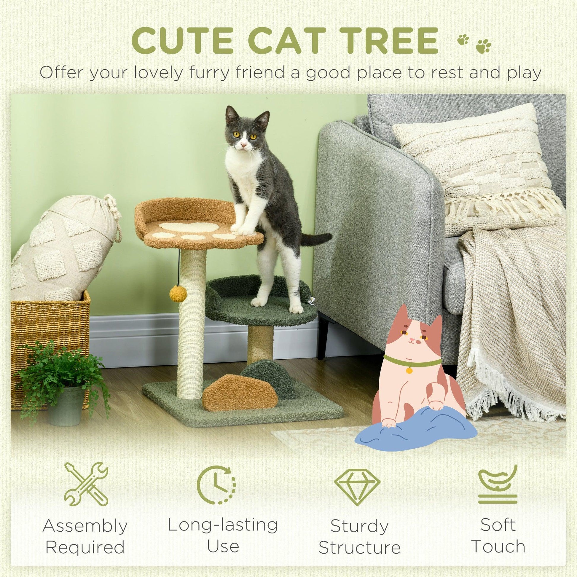 PawHut Small Cat Tree for Indoor Cats, Scratching Posts with Two Beds, Toy Ball - ALL4U RETAILER LTD