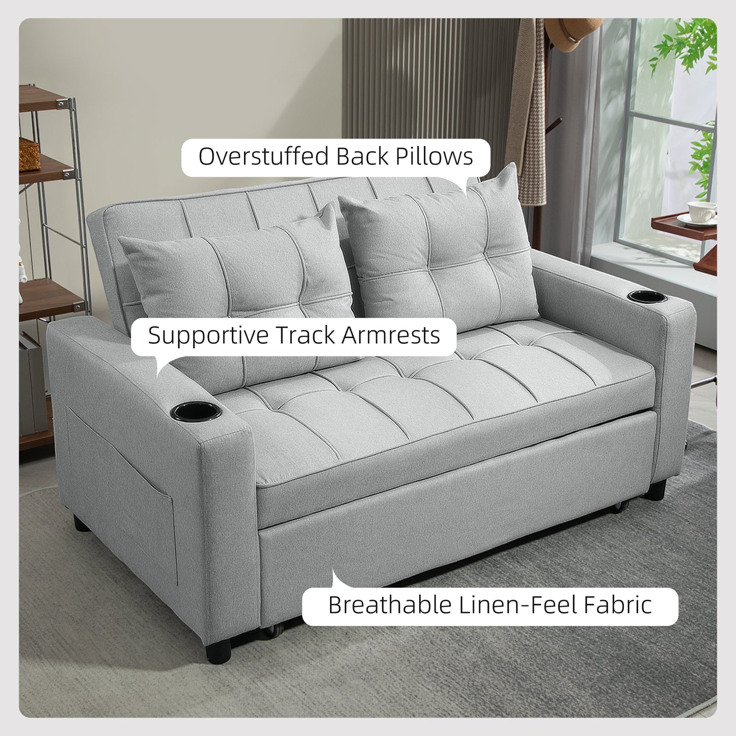 HOMCOM Two Seater Pull Out Sofa Bed Light Grey Click Clack With Three Level Adjustable Back Linen Look Upholstery